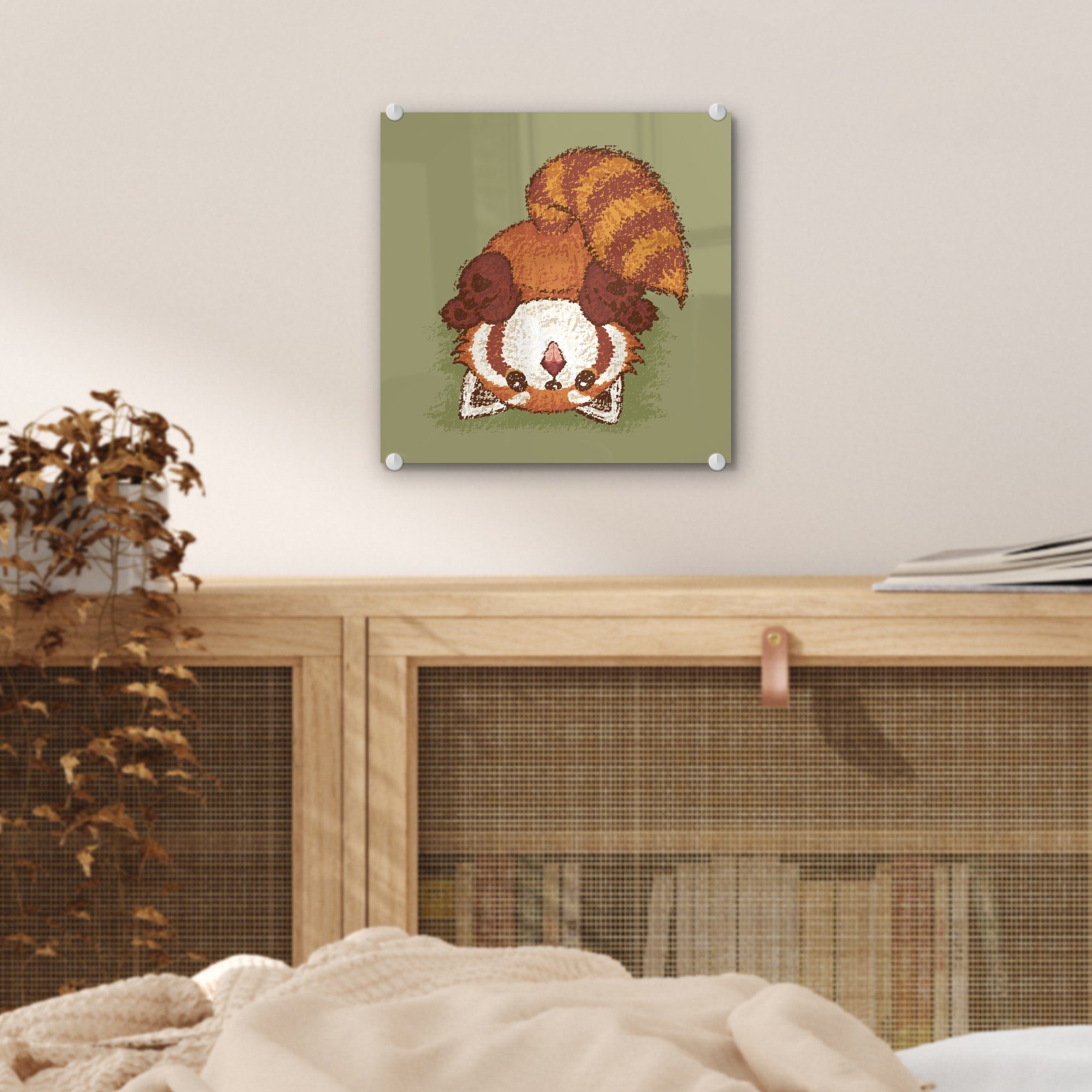 - Illustration - Wandbild Acrylglasbild St), (1 dem auf MuchoWow Bilder auf Glas Glasbilder Foto stehend, eines roten Wanddekoration Pandas Glas - auf Kopf