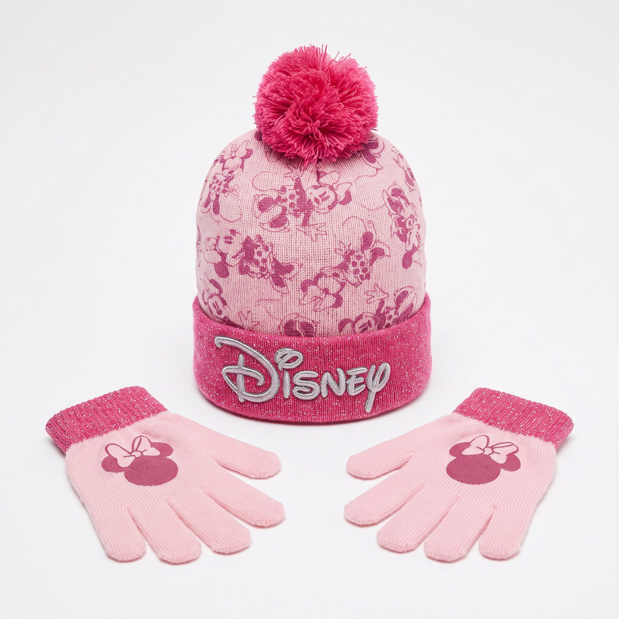Disney Bommelmütze Disney Minnie Maus 2 tlg Set Kinder Herbst Wintermütze plus Handschuhe (2-St) Bestickt