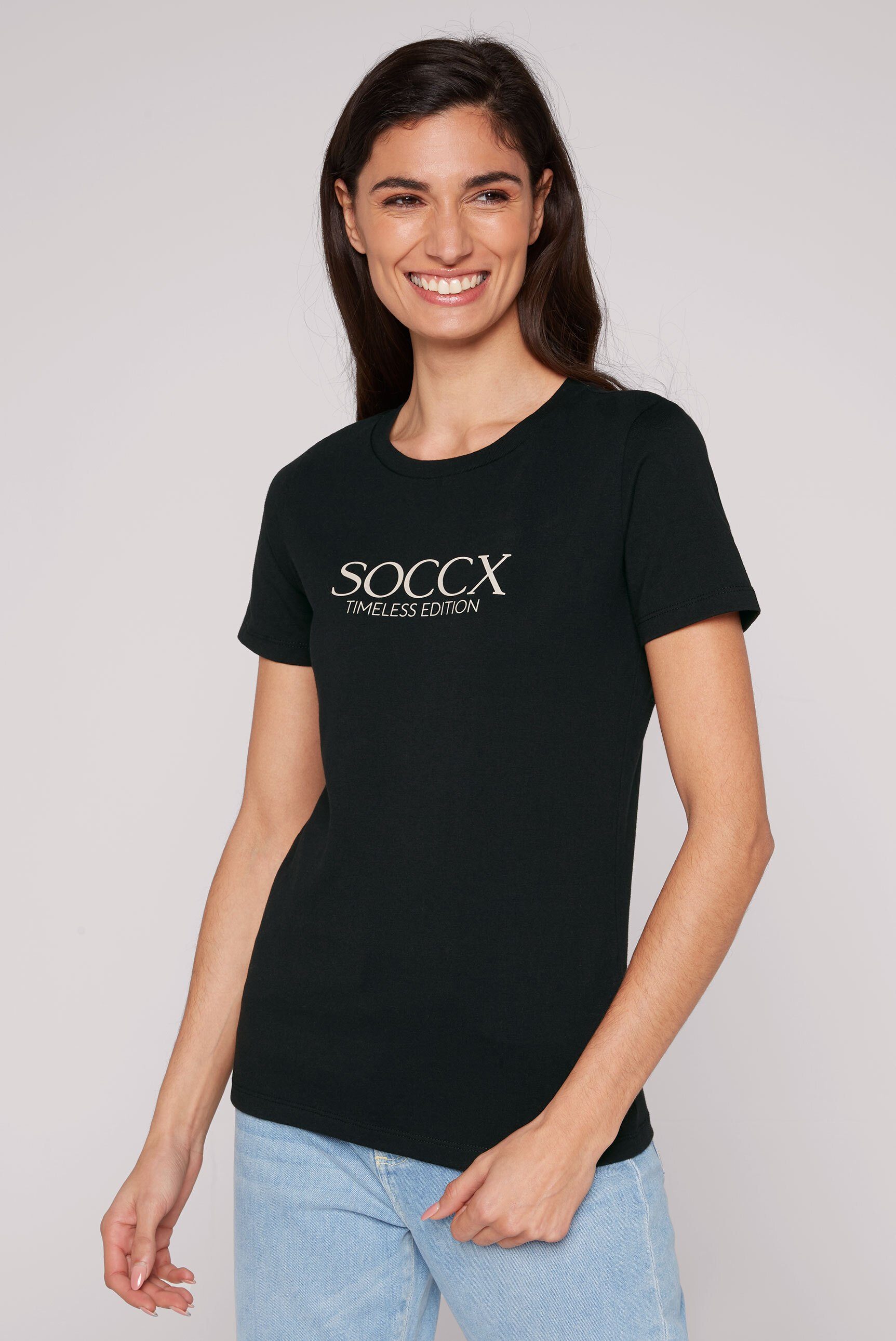 SOCCX Damen T-Shirt Mit Rundhals - Basic Shirt Mit Logo Print