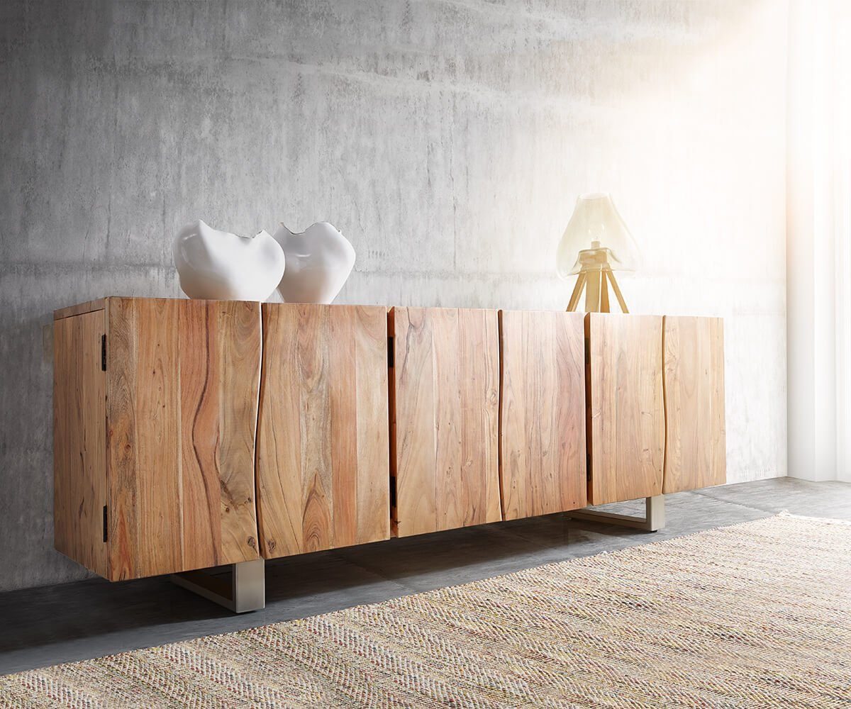 DELIFE Sideboard Live-Edge, Akazie Natur 220 cm 6 Türen Massivholz Baumkante Sideboard