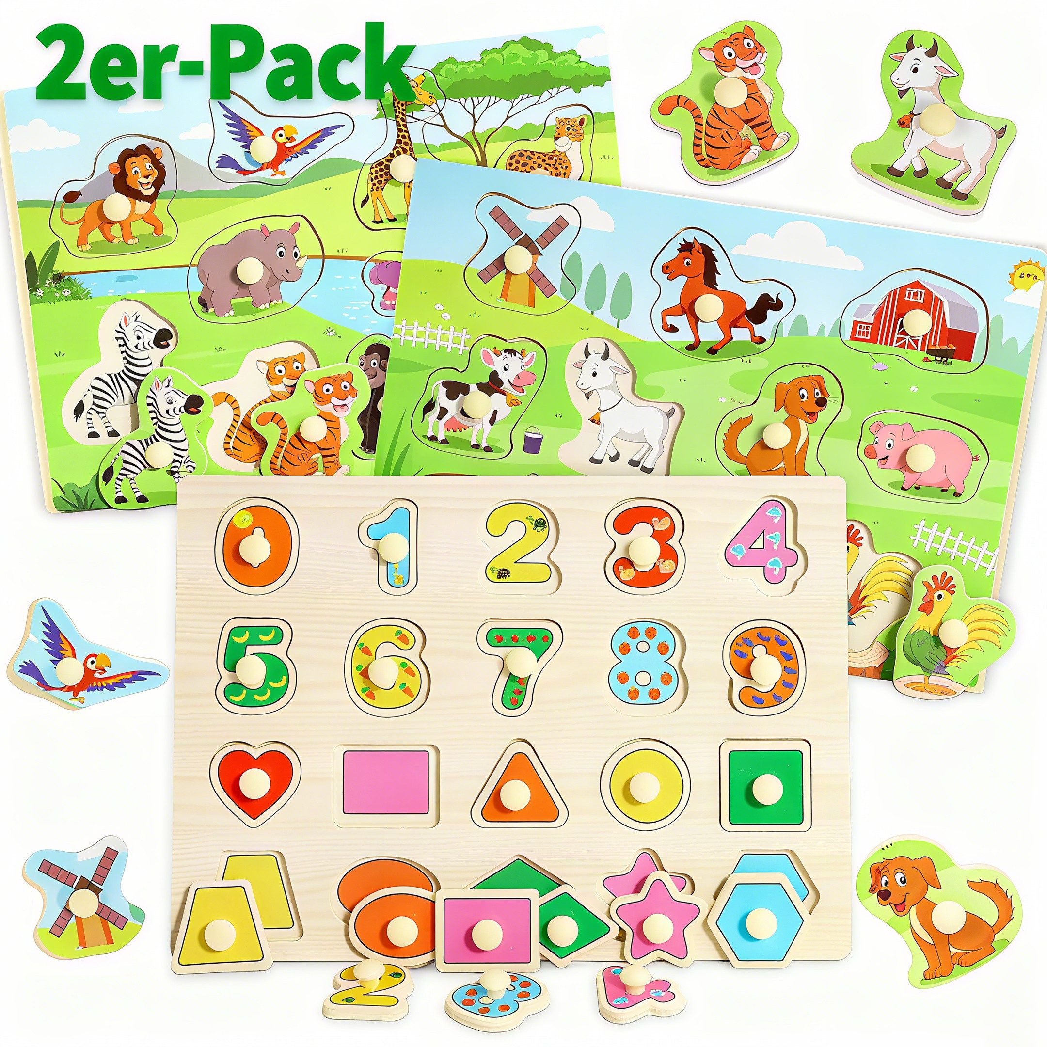 POPOLIC Lernspielzeug 3er-Set Holzpuzzle, Kleinkinder Spielzeug ab 2 3 Jahre (2-St., Montessori Spielzeug ab 1 Jahr, Puzzle ab 2), Holzspielzeug Kinderspielzeug Motorikspielzeug, Steckpuzzle Holz