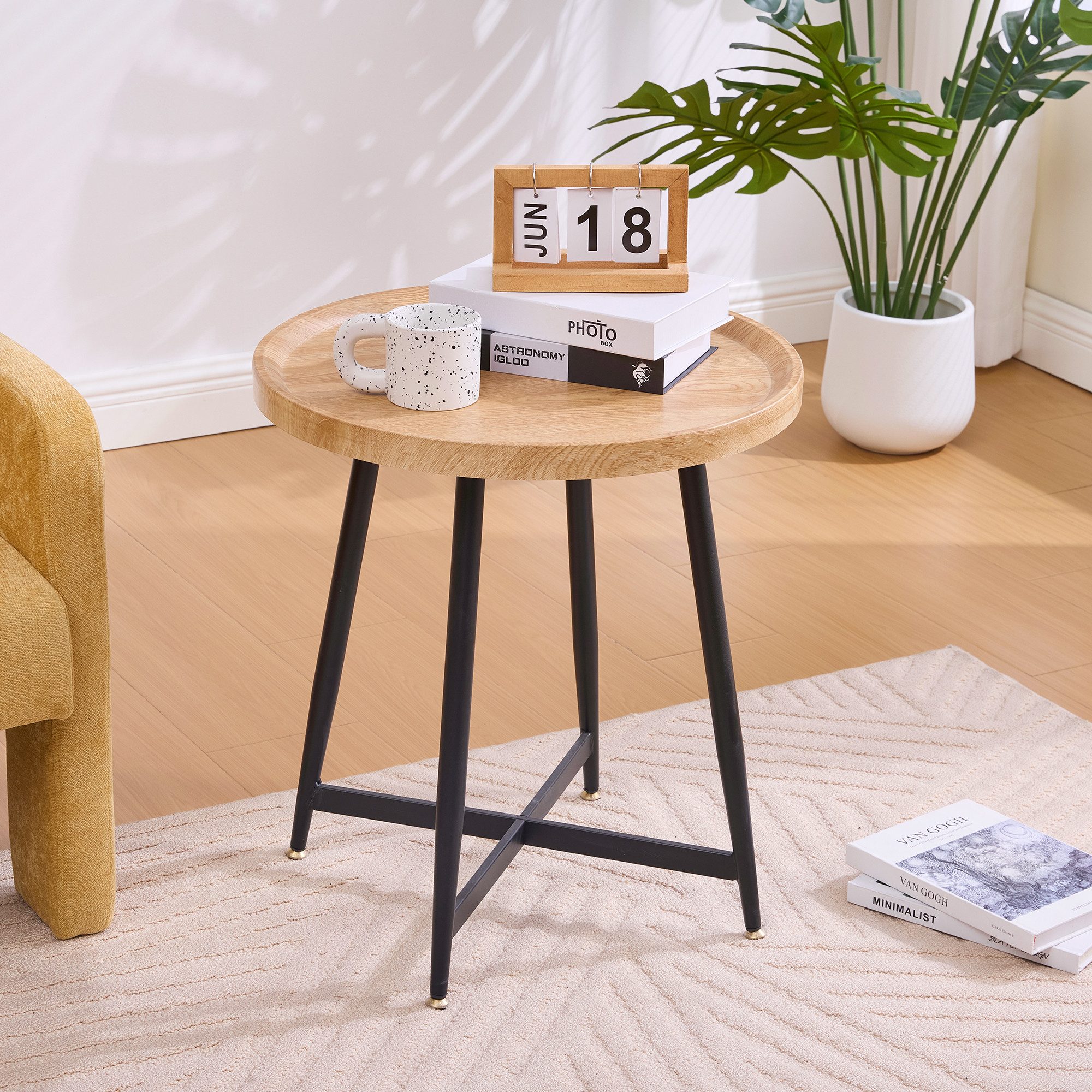 STILVORA Couchtisch mit Metallgestell,runder Wohnzimmertisch Sofatisch mit Holz-Platte (Runder Beistelltisch aus Holz mit Metallgestell), Minimalistischer kleiner Sofatisch