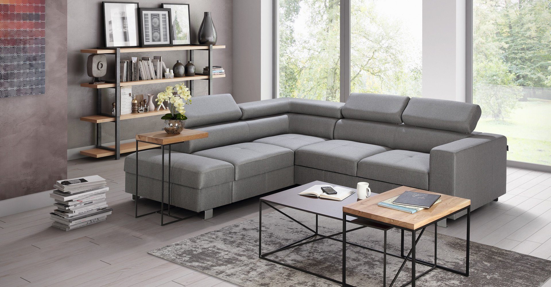 JVmoebel Ecksofa, Ecksofa Bettfunktion Grau Stoff L-Form Sofa Couch Design Polster