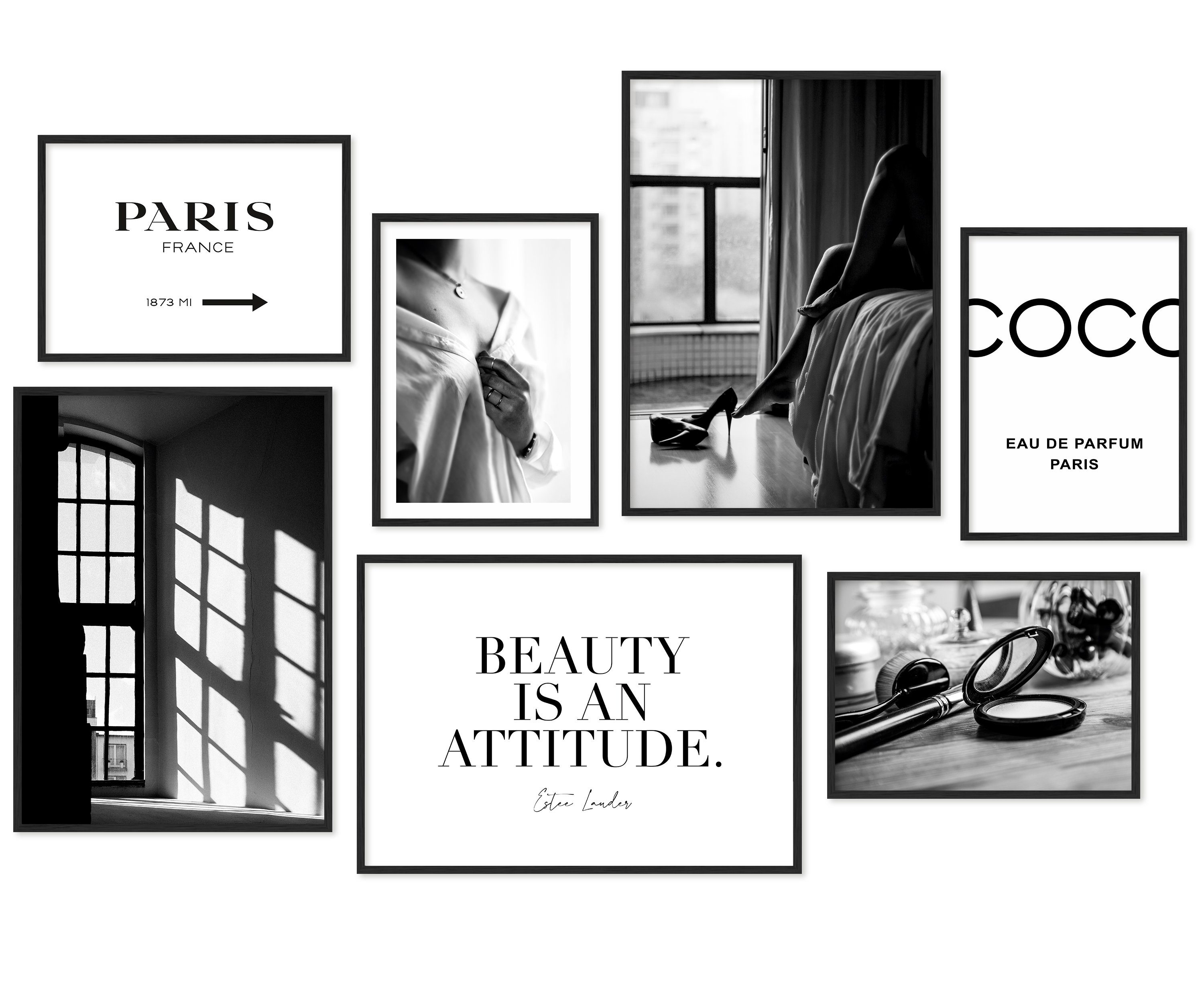 Hyggelig Home Poster Beauty, Premium Poster Set OHNE & MIT Rahmen - Wandbilder schwarz weiß, Abstrakt (Set, 7 St), Collage Coco, Qualitätsdruck auf dickem Papier