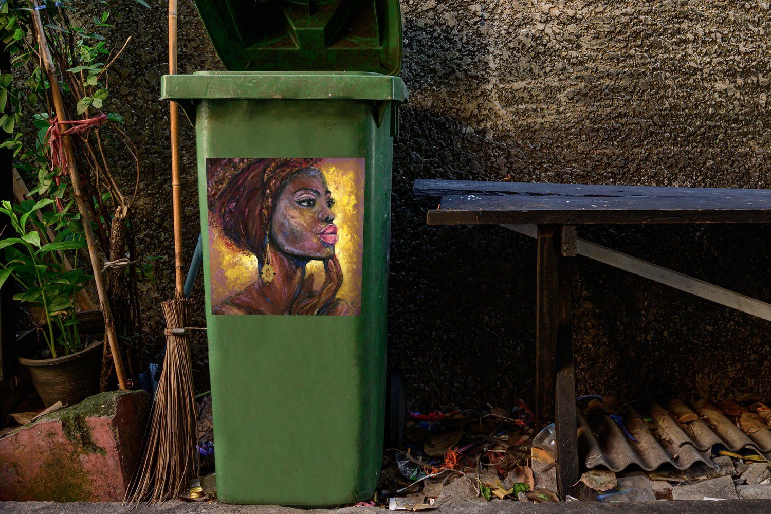MuchoWow Wandsticker Gemälde - Ölgemälde Abfalbehälter - St), - (1 Sticker, Gold Container, Mülltonne, Frau Mülleimer-aufkleber