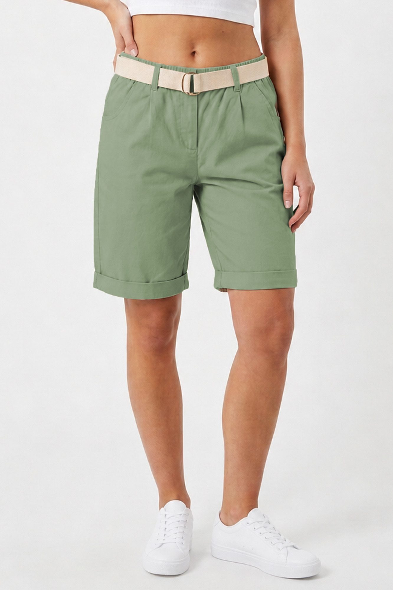 Kendindza Collection Chinoshorts Stretch Kurze Bermuda Shorts Damen Knielang Kurze Hose Damen Sommer Gummibund, Weiches Material, Loose Fit, weiter geschnitten