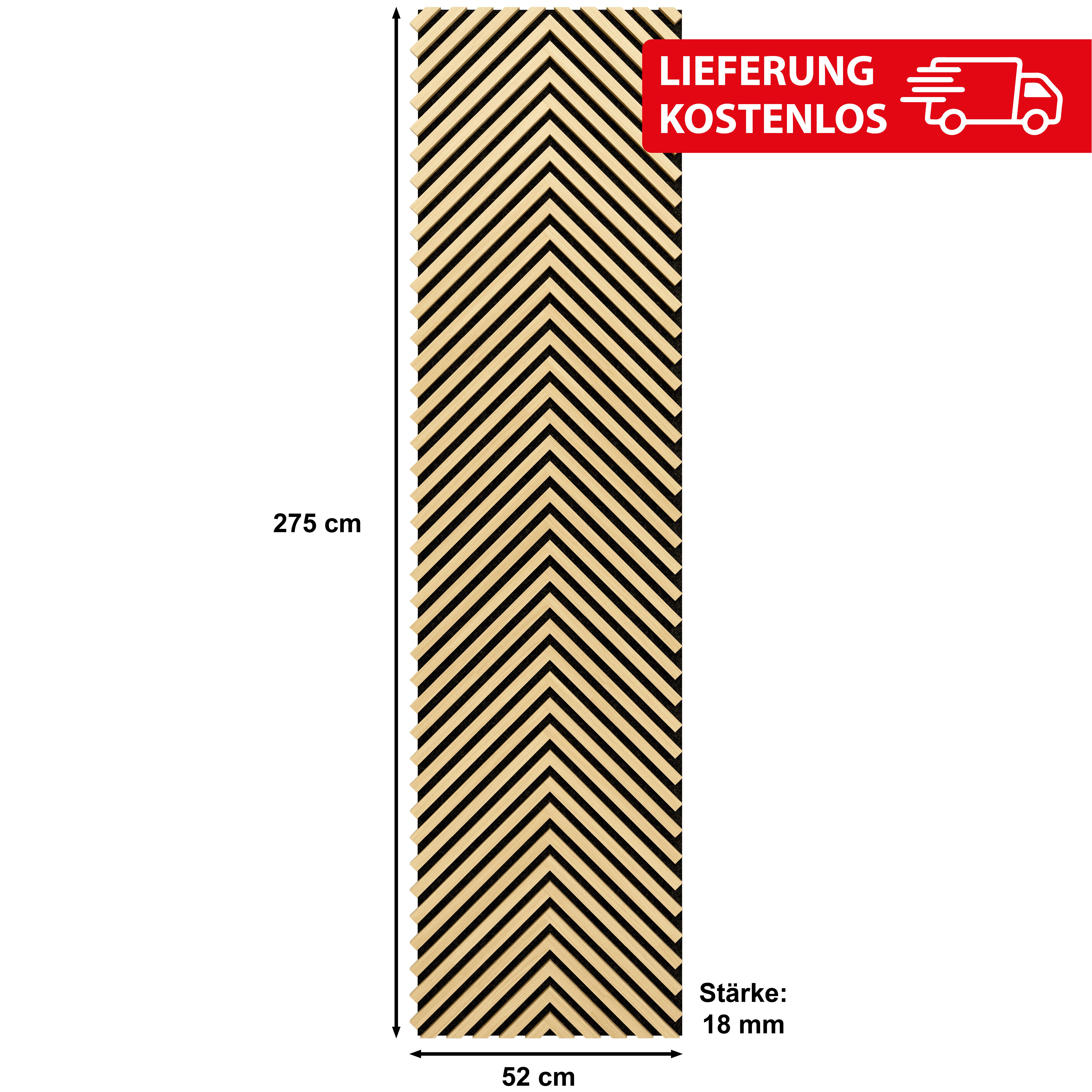SONIDO 3D Wandpaneel Herringbone Akustikpaneele mit FSC®-zertifizierter Eicheoptik, BxL: 52,00x275,00 cm, 1,43 qm, (Packung, 1,430 m², Versandkostenfreie Lieferung) 88 Echtholz-Dekoleisten mit schwarzem 9mm Filz-Akustikträger