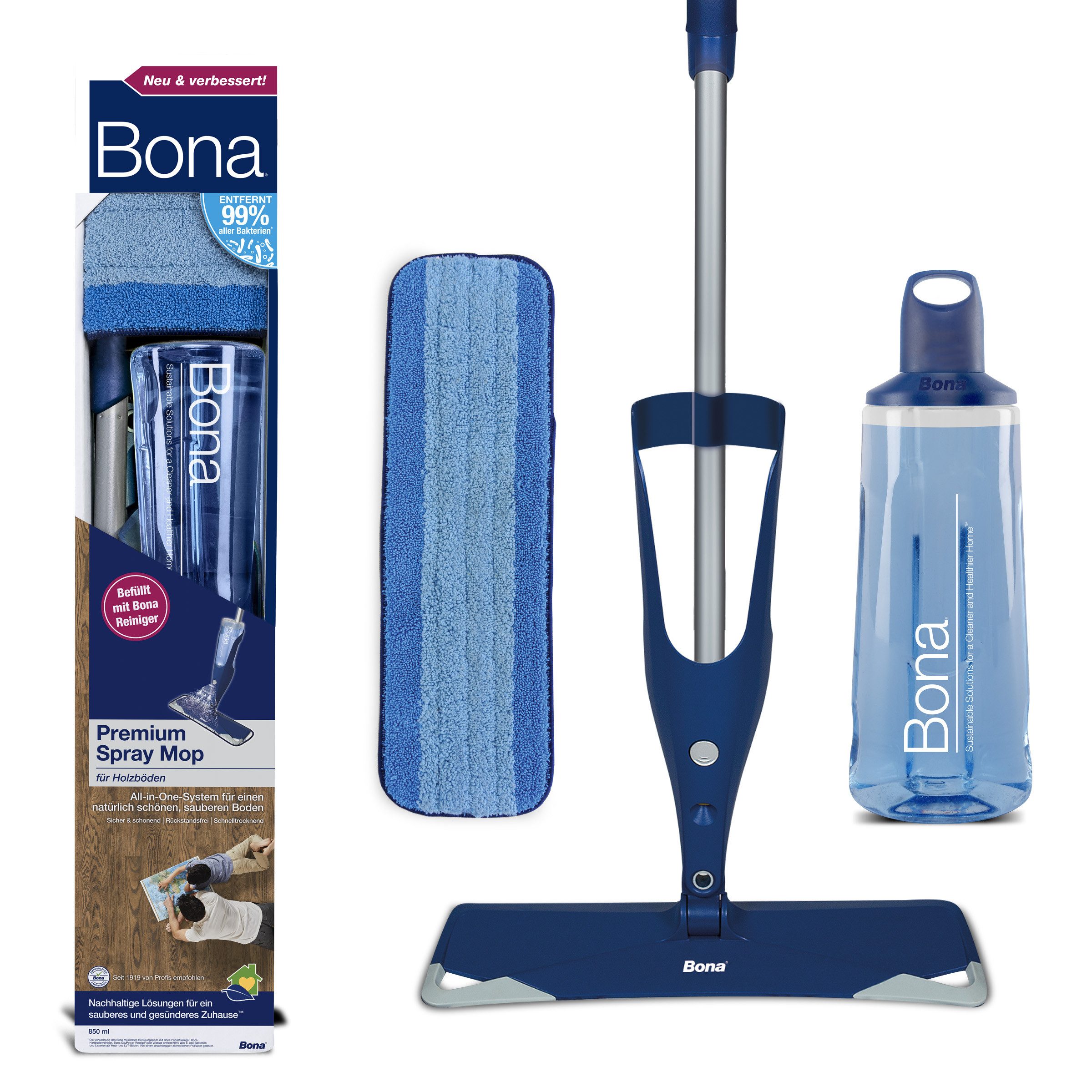 Bona Sprühwischer Premium Spray Mop mit 850 ml Kartusche für Holzböden Rückstandsfrei, Schnell trocknend, pH-neutral