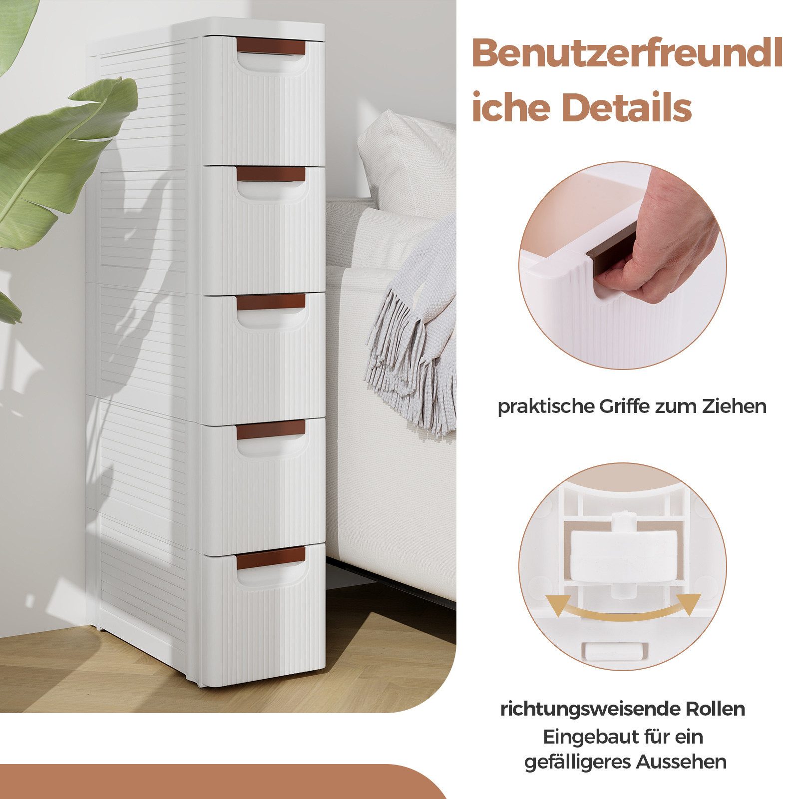 COSTWAY Beistellwagen Nischenschrank schmal, mit 5 Schubladen & Rollen, weiß – Bild 4 von 5