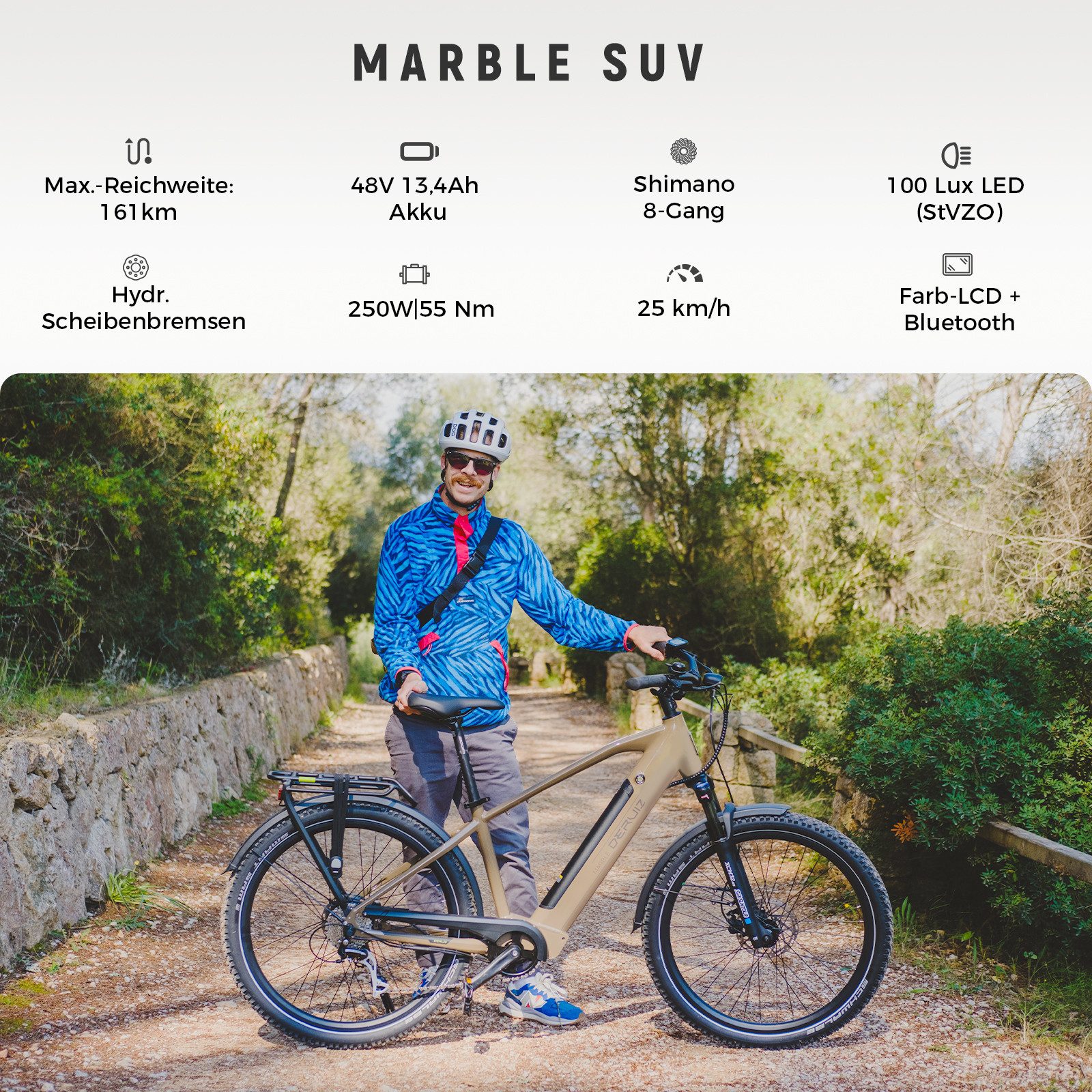 DERUIZ E-Bike Mountainbike Marble SUV 27,5 Zoll, bis 161 km, Drehmomentsensor, Damen & Herren, 8 Gang SHIMANO Shimano Acera RD-M360 SGS Schaltwerk, Kettenschaltung, Heckmotor, 644 Wh, (5 Stufen,Lockout-Federgabel,LCD-Farb-Display,100 Lux Frontlicht), Tektro hydraulische Scheibenbremsen (180 mm vorn / 160 mm hinten)