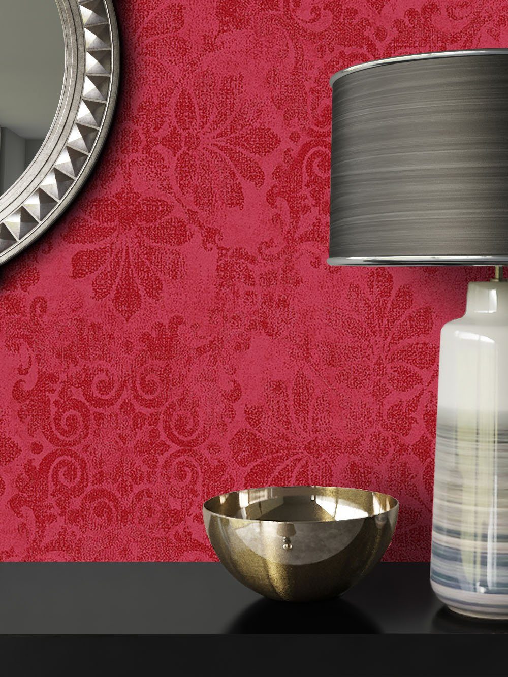 Newroom Vliestapete Muster 1 Tapete Wohnzimmer Ornament, Rot Barocktapete Barock Ornament - Glamour Modern für Büro Diele/Flur Schlafen, modern