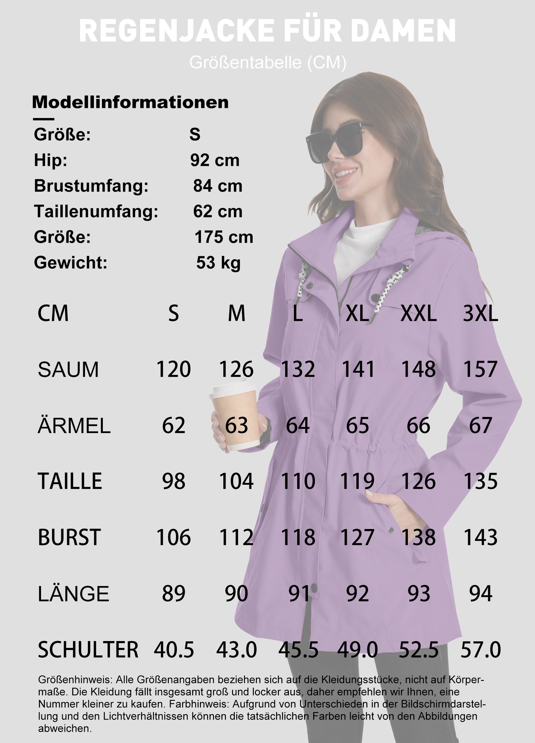 ATLASLAVA Regenjacke Damen Lang – Wasserdicht & Atmungsaktiv mit Kapuze (1-St) Übergangsjacke für Outdoor