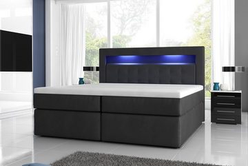 Möbel für Dich Boxspringbett Milano2 - mit Taschenfederkern, 7 cm Visco Topper, mit 2 Schubladen, LED-Licht im Kopfteil, Bezug aus Kunstleder