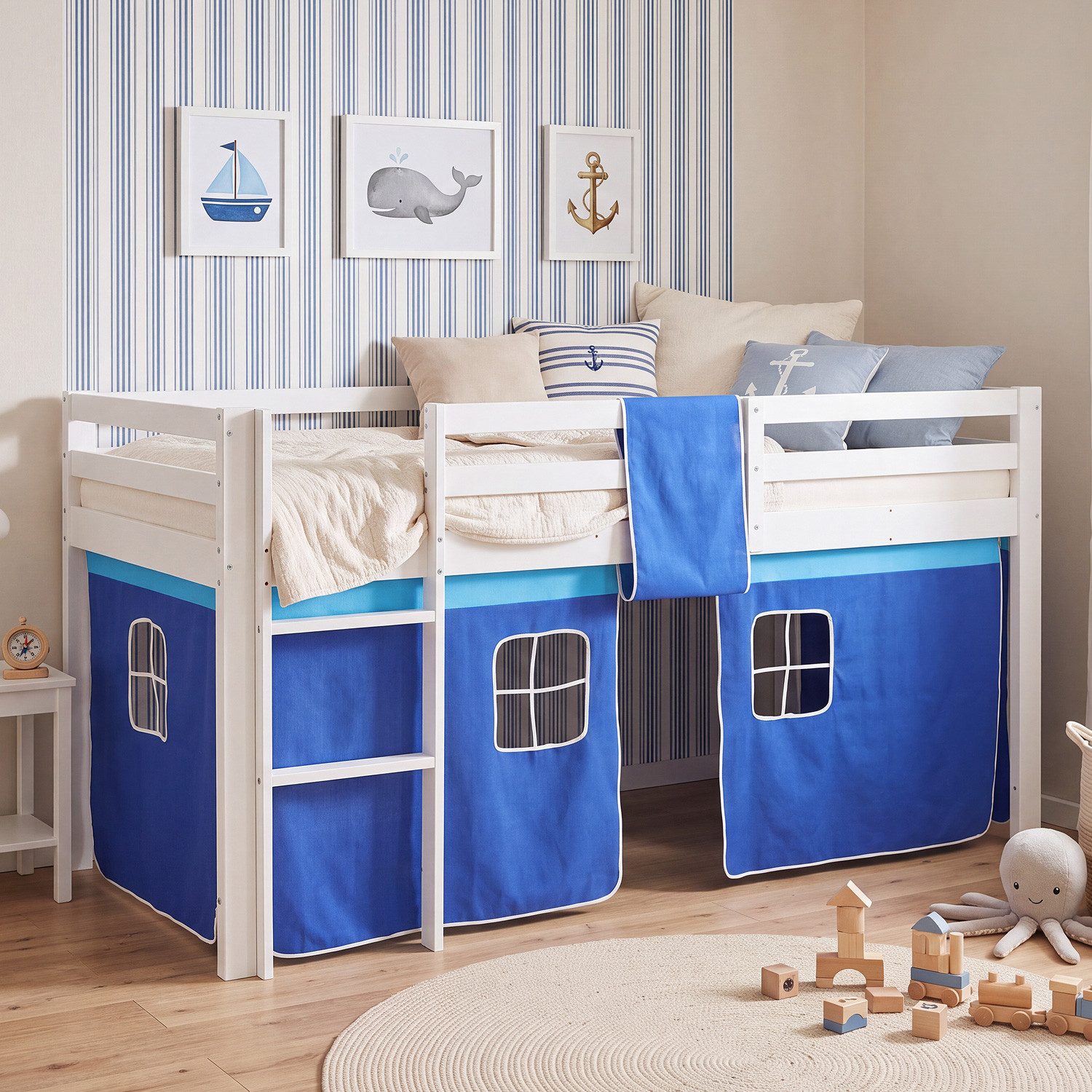 Homestyle4u Hochbett Kinder mit Rutsche 90x200 mit / ohne Matratze Holz Blau Jungen Pirat, Junge