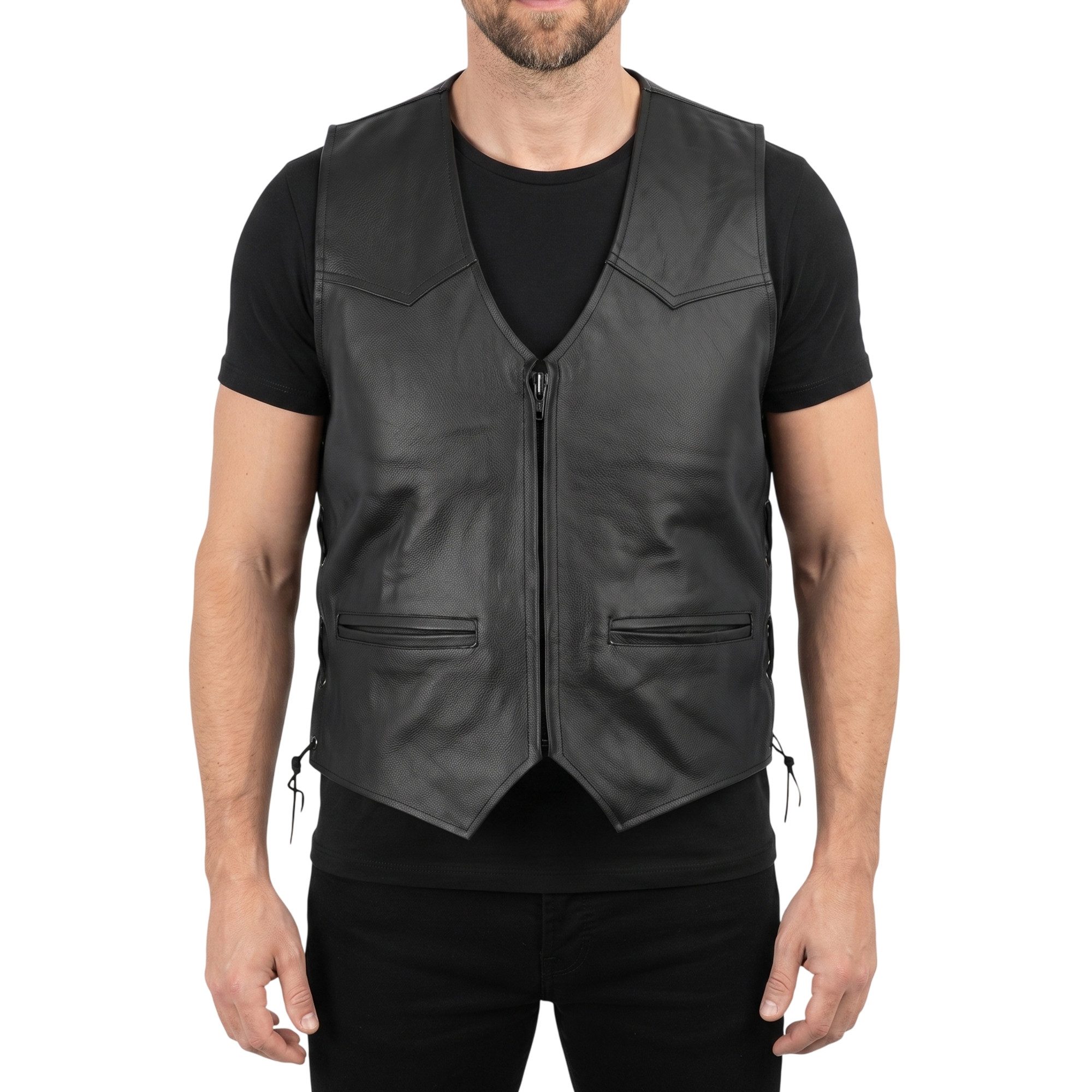 German Wear Motorradweste GW680 Black Zipper Motorrad Lederweste Biker Motorradweste Weste schwarz