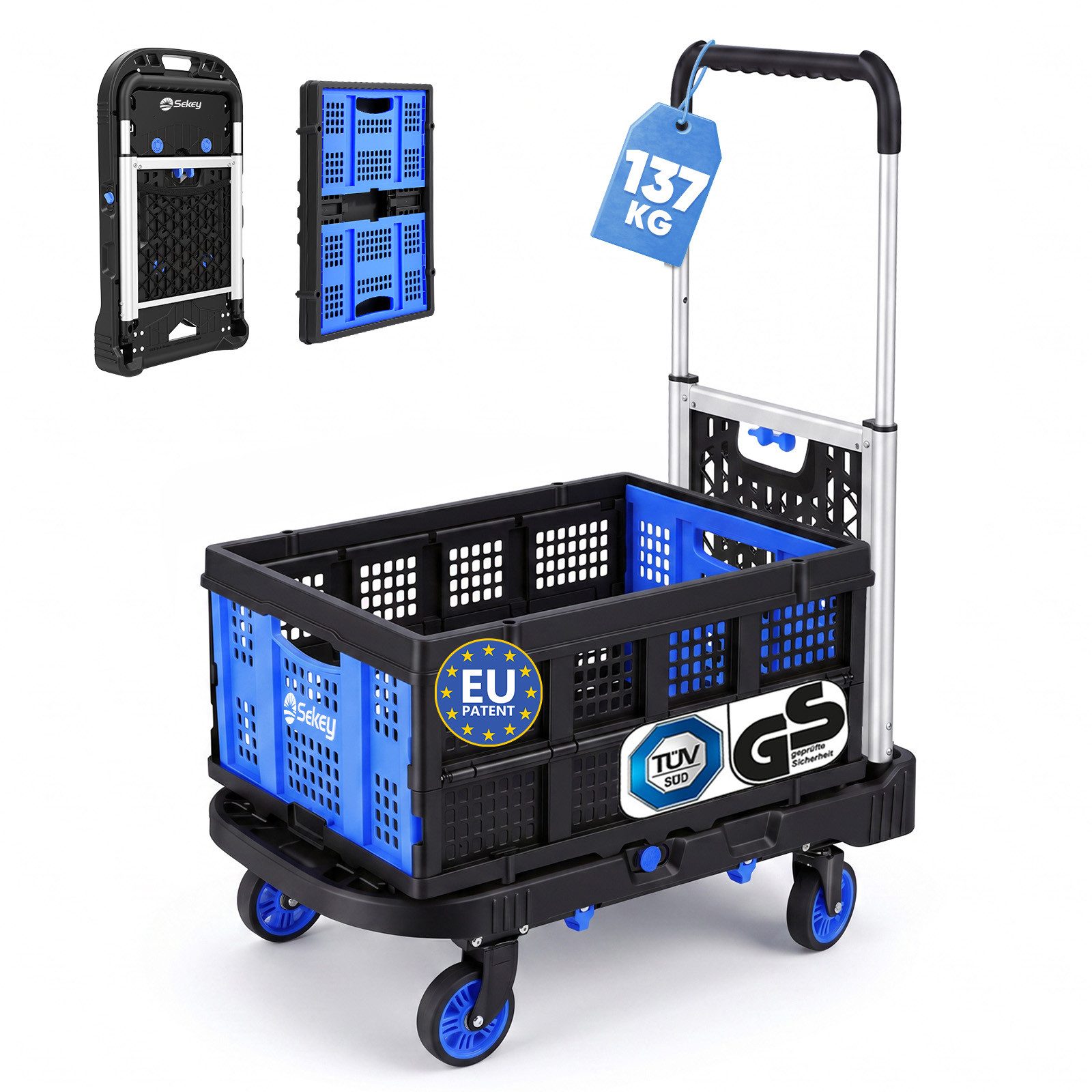 Sekey Transportwagen Plattformwagen klappbar Handgriff mit abnehmbarem Einkaufskorb, 2-in-1 Transportwagen 360° Lenkrollen, 3-Fach höhenverstellbarer Griff