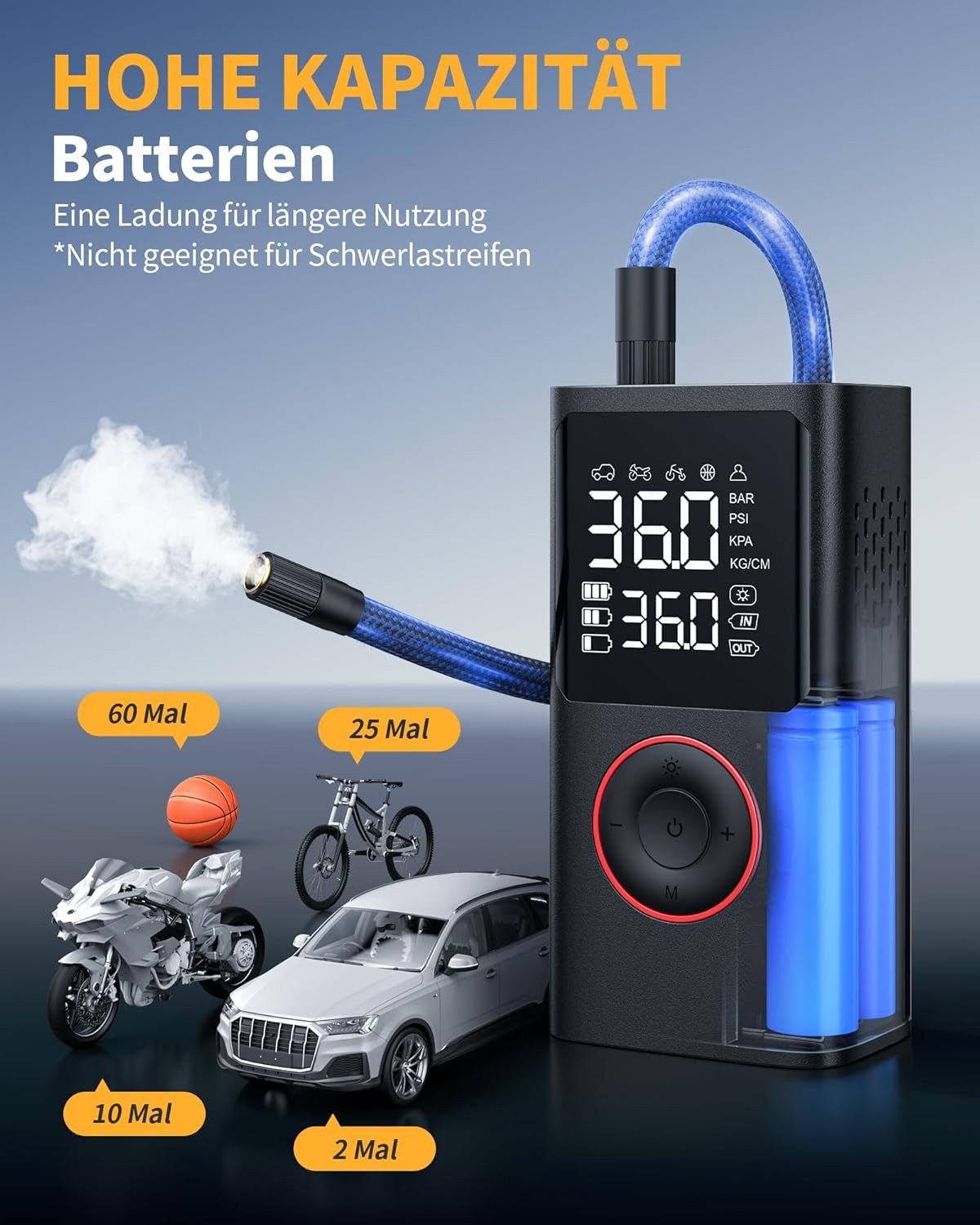 Forrlite Akku-Luftpumpe Kabelloser Elektrische Luftpumpe, Fahrradpumpe Elektrisch (150PSI Tragbarer Akku Kompressor, mit Licht, Digitale LCD-Bildschirm, 4 Druckeinheiten (PSI, BAR, KPA, kg/cm), für Camping und Fahrrad, als Taschenlampe und Powerbank