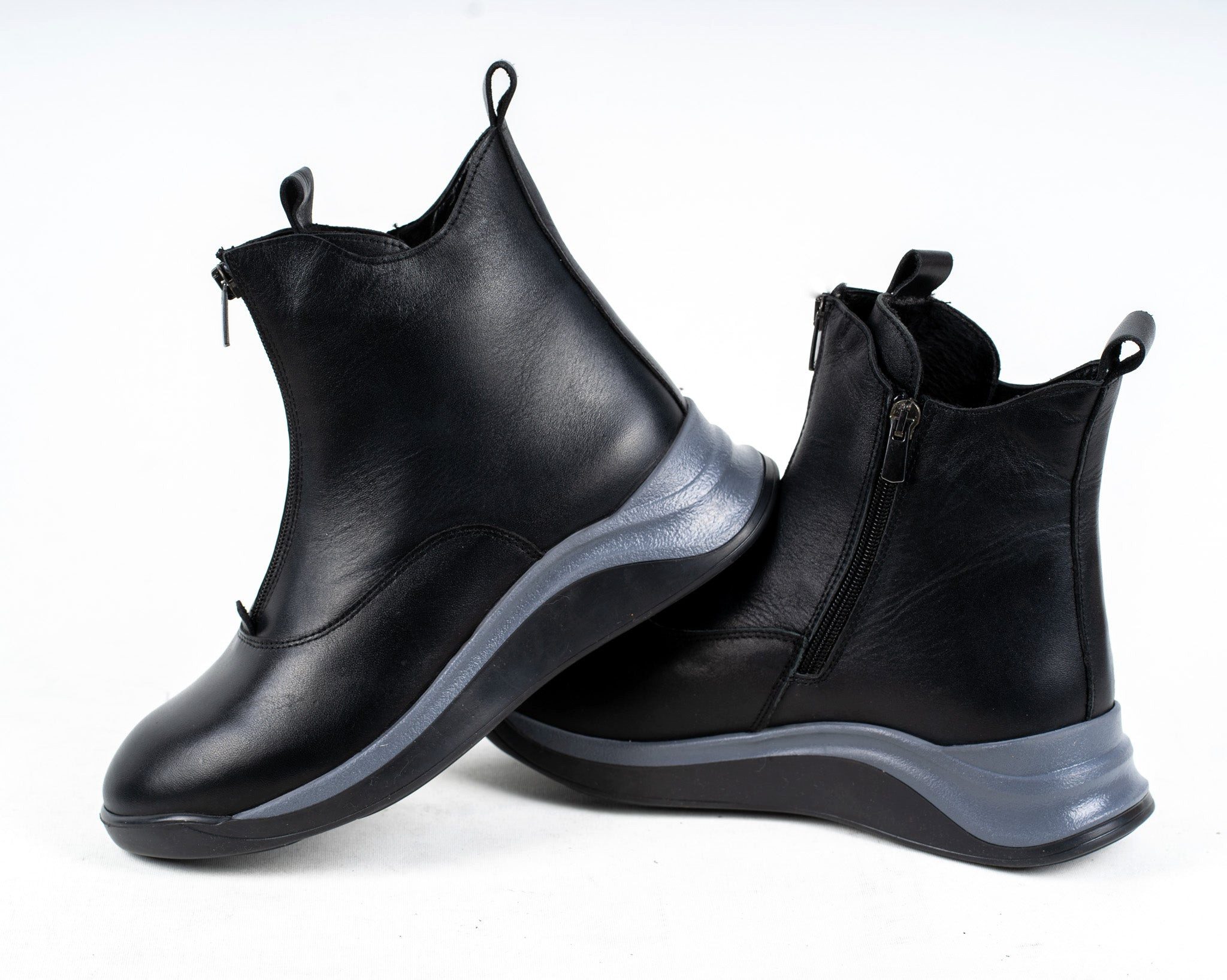 Schwarze Leder Stiefeletten mit Absatz und Reißverschluss für Damen Schnürstiefel