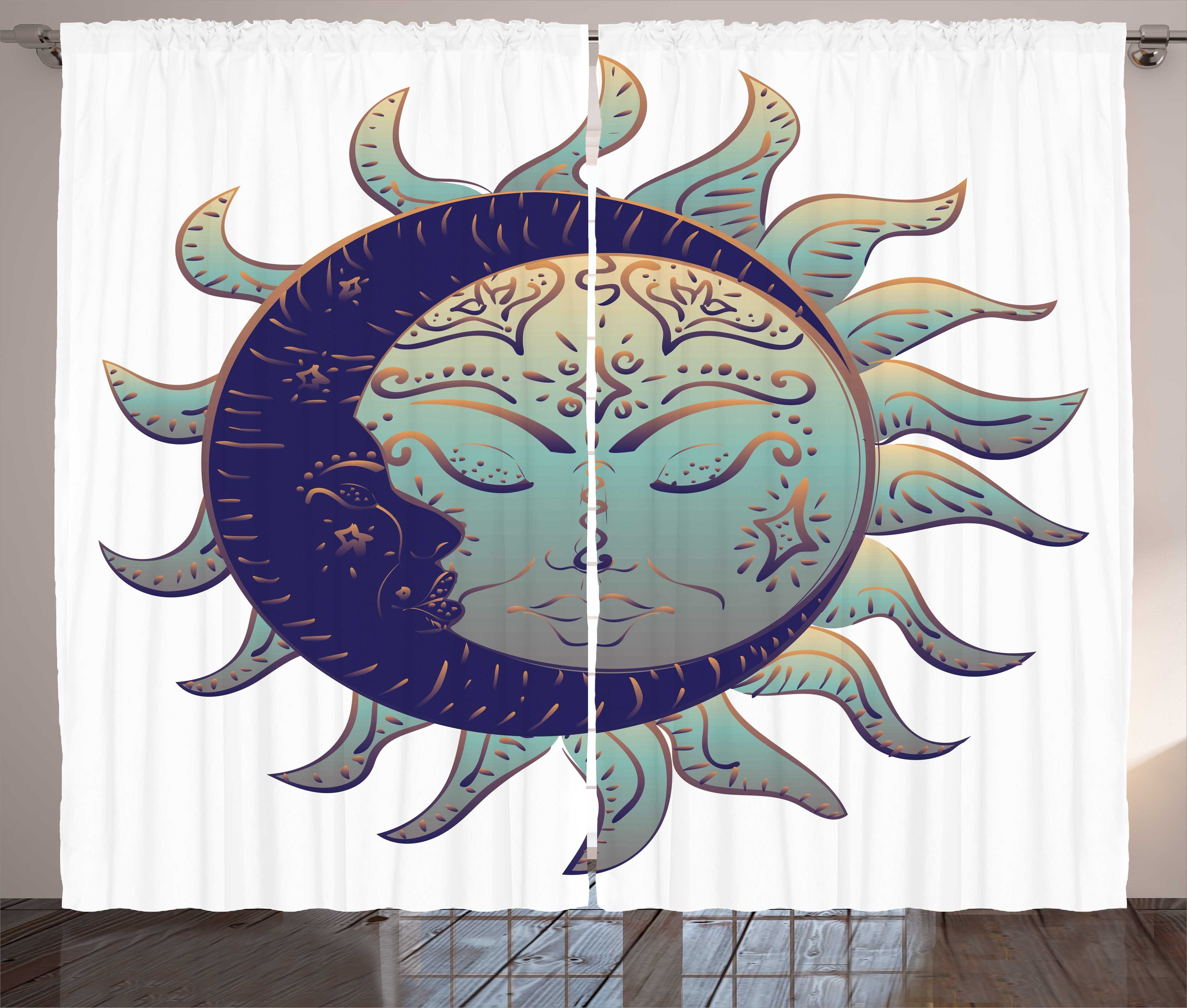 Boho und magic Abakuhaus, Gardine Sun und Moon Kräuselband Schlaufen mit Haken, Schlafzimmer Crescent Vorhang
