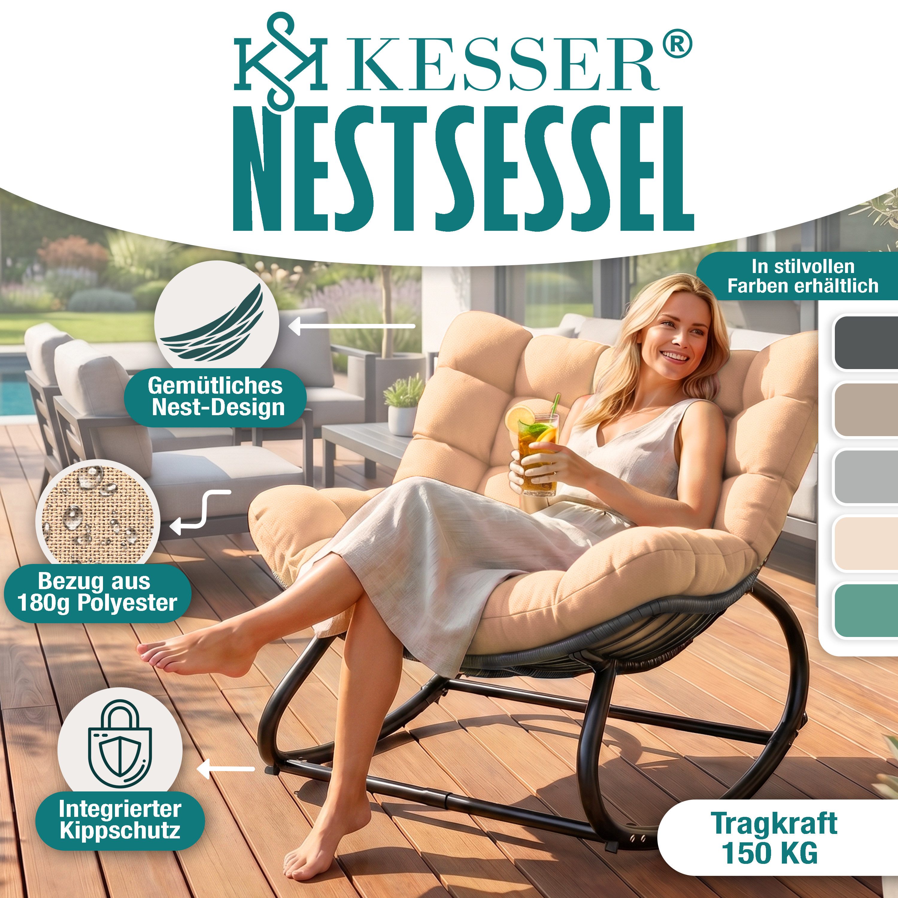 KESSER Schaukelstuhl (maximale Belastung 120kg, witterungsbeständig & mit rutschfesten Füßen), Loungesessel ergonomisches Relaxsessel für Balkon, Garten & Wohnzimmer