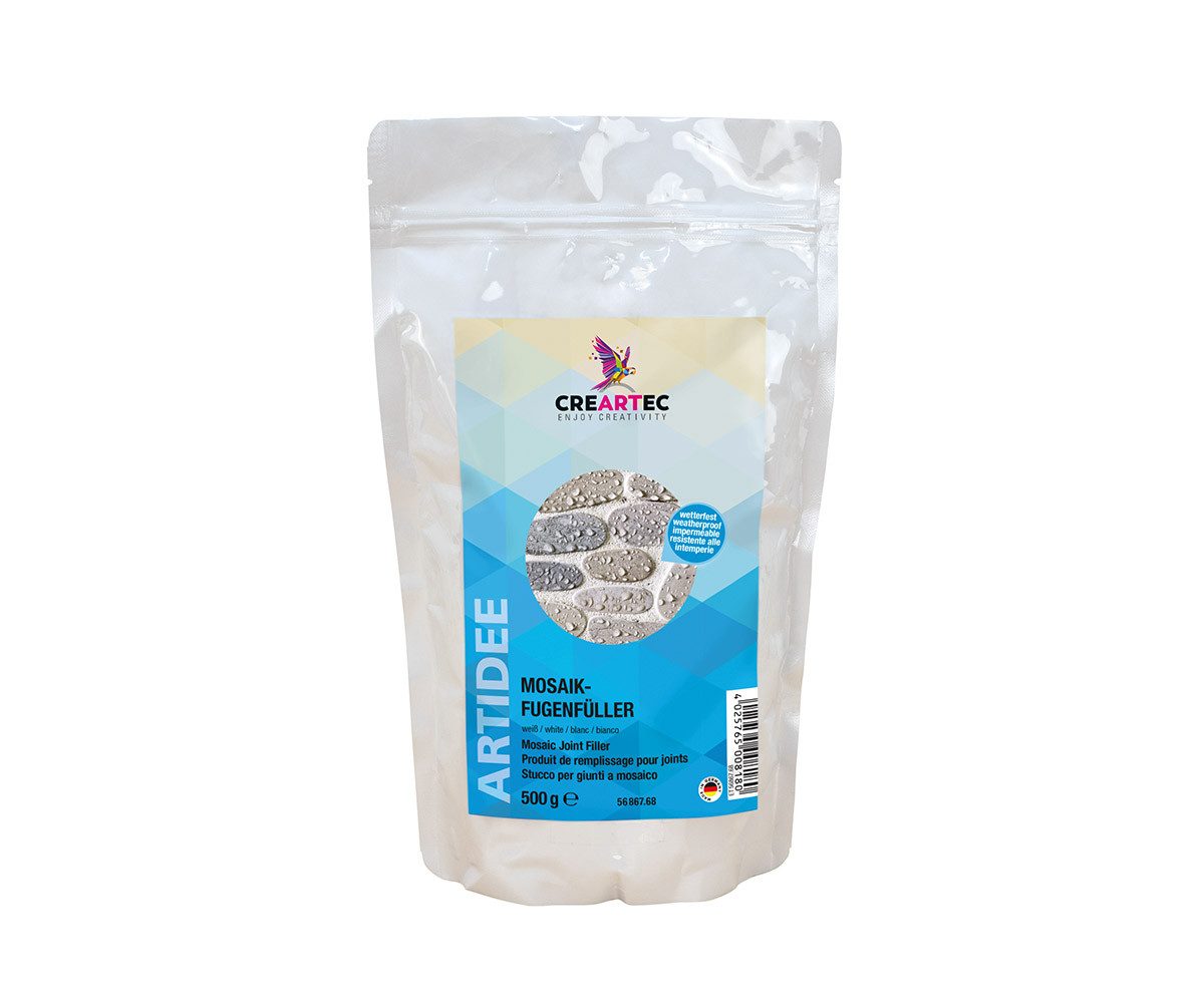 CREARTEC Klebstoff Mosaik Fugenfüller Weiß - 500g - zum Aufkleben und einarbeiten, für den Außenbereich geeignet - Made in Germany