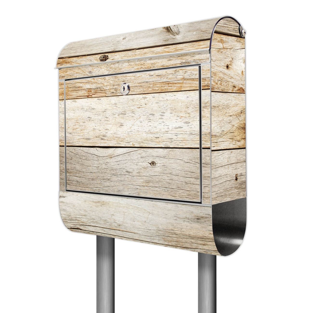 banjado Standbriefkasten Edelstahl Graues Holz (Standbriefkasten Graues Holz, mit Zeitungsfach), 126 x 53 x 17cm