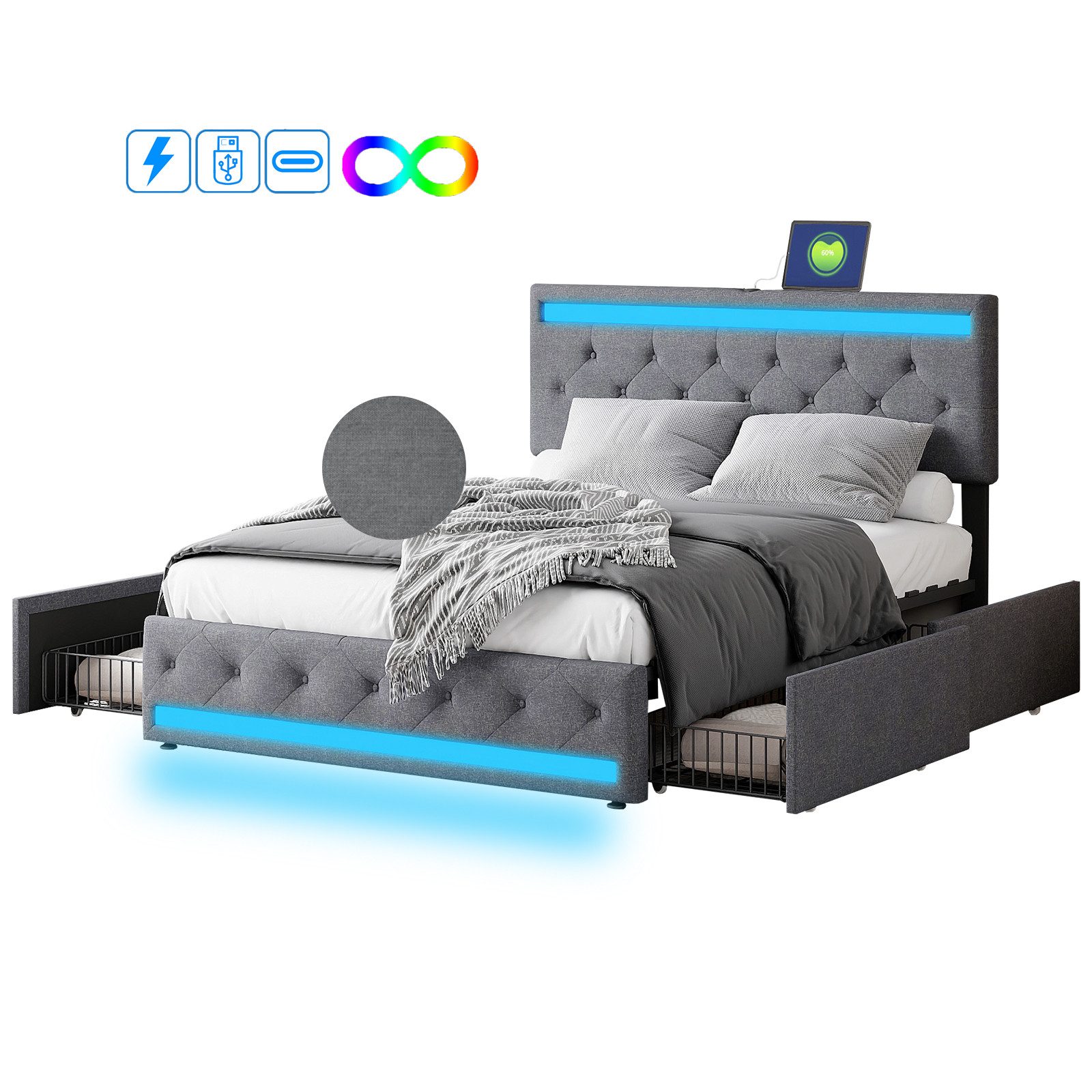 FUROKOY Polsterbett LED-Beleuchtung Doppelbett (mit USB-Ladefunktion, günstig online kaufen