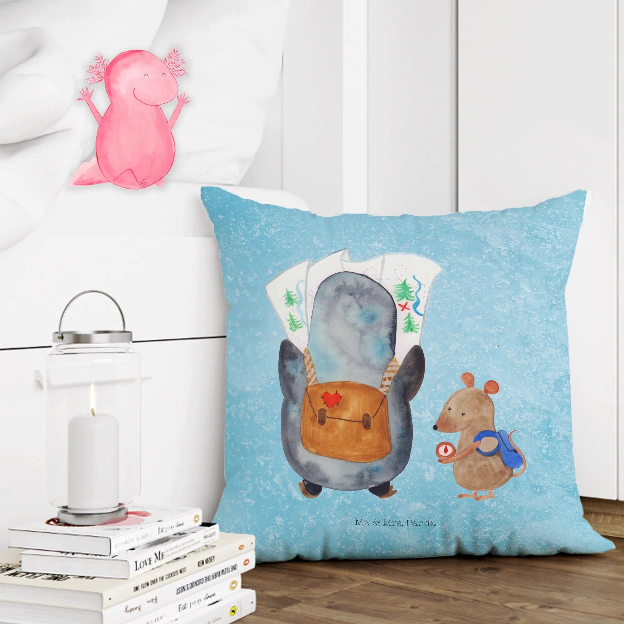 Mr. & Mrs. Panda Dekokissen Pinguin & Maus Wanderer - Eisblau - Geschenk, Kissen, Abenteuer, wand, Einzigartiger Druck