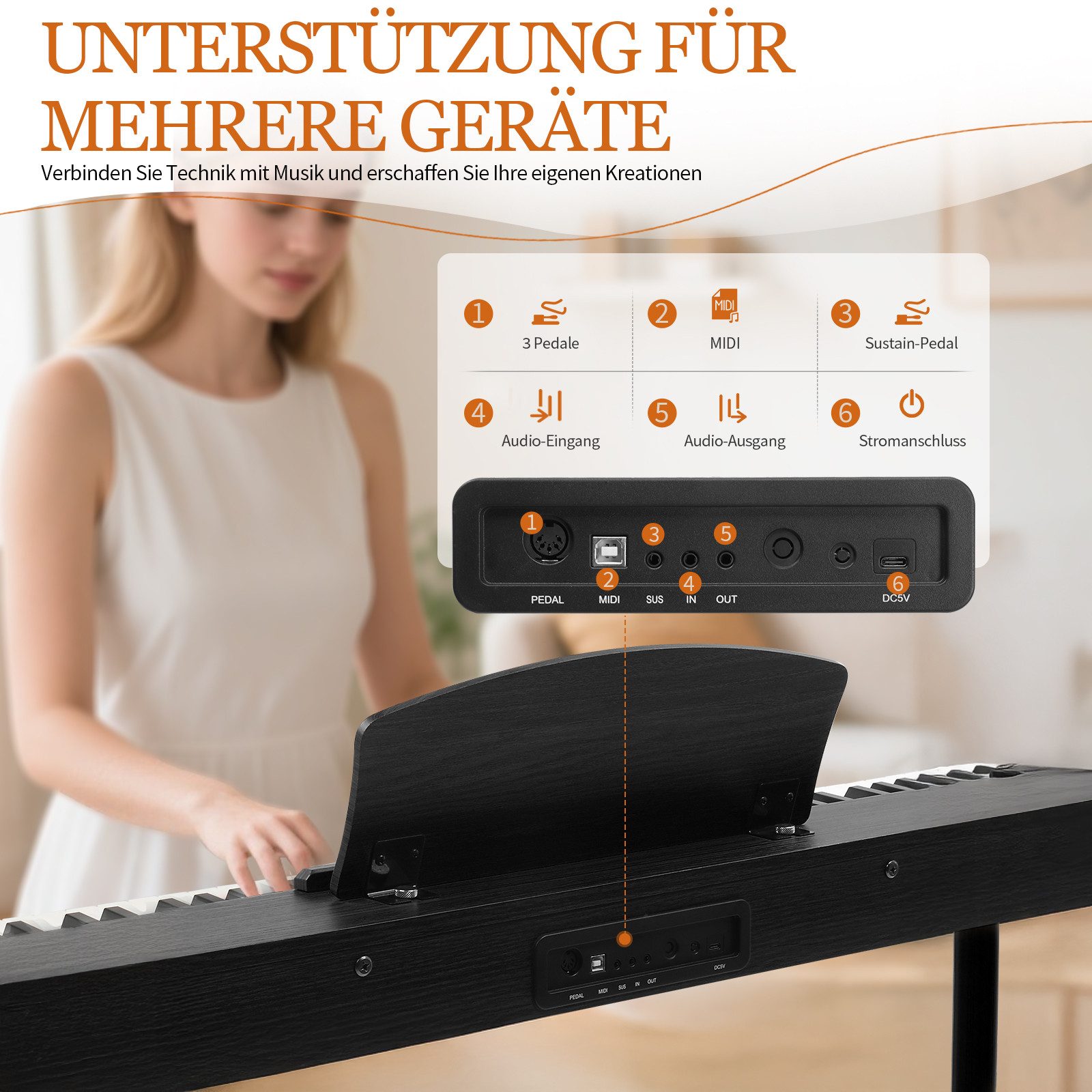 LALAHO Digitalpiano E-Piano 88 Tasten halbgewichtete Tastatur,Bluetooth und MIDI, Digital Keyboard mit Aufnahmefunktion, Transponierung – Bild 5 von 5