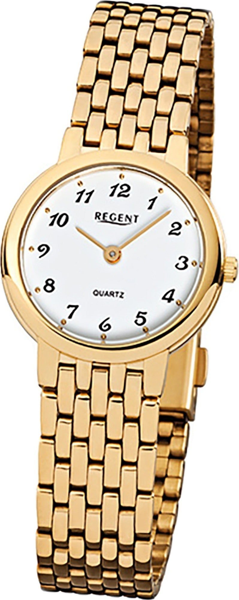 Regent Quarzuhr Regent Stahl Damen Uhr F-910 Quarzuhr, Damenuhr mit Edelstahl, ionenplattiert goldarmband, rundes Gehäuse, kl