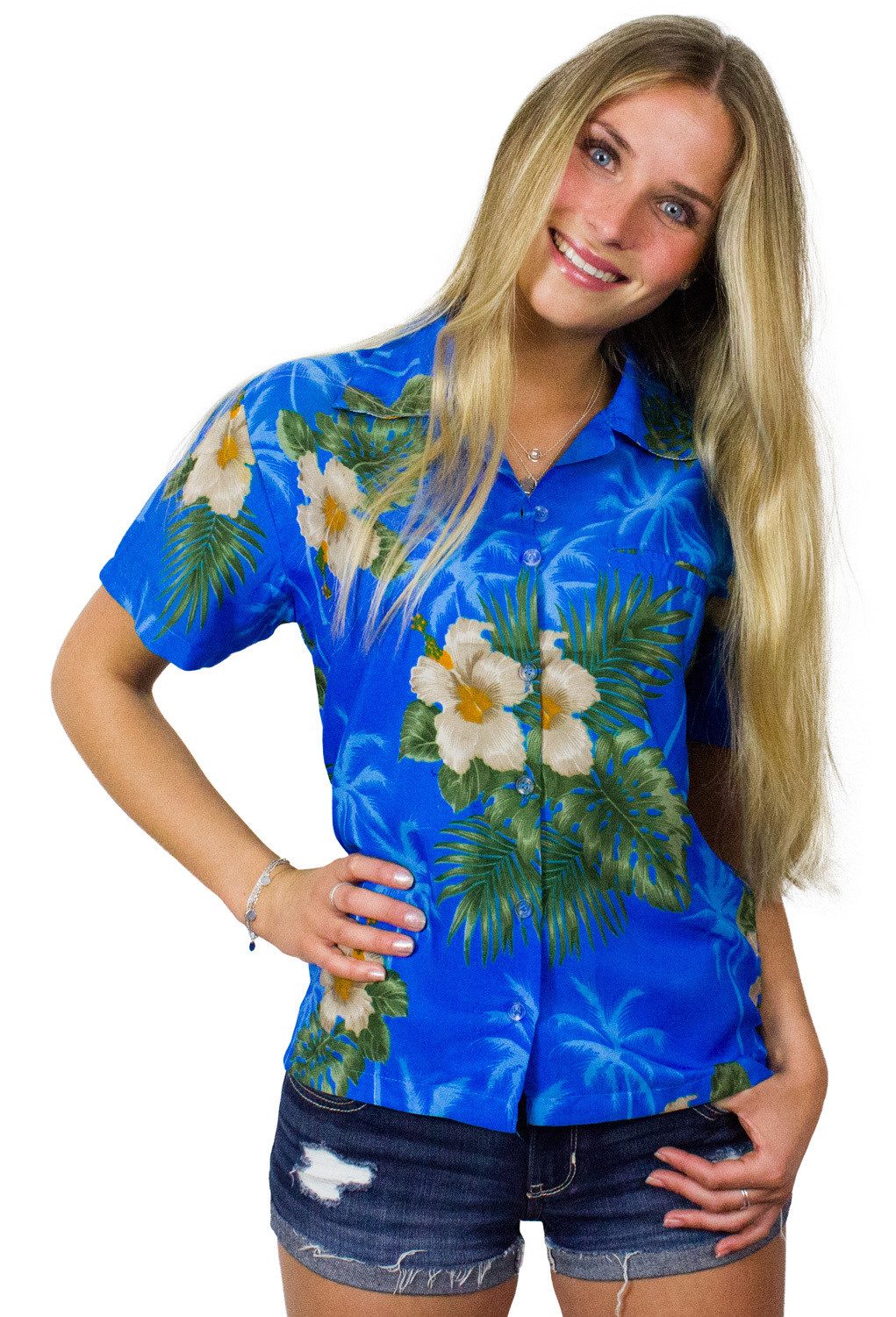 King Kameha Hawaiihemd Small Flower Funky Hawaiibluse Damen Kurzarm Front-Tasche Stylish