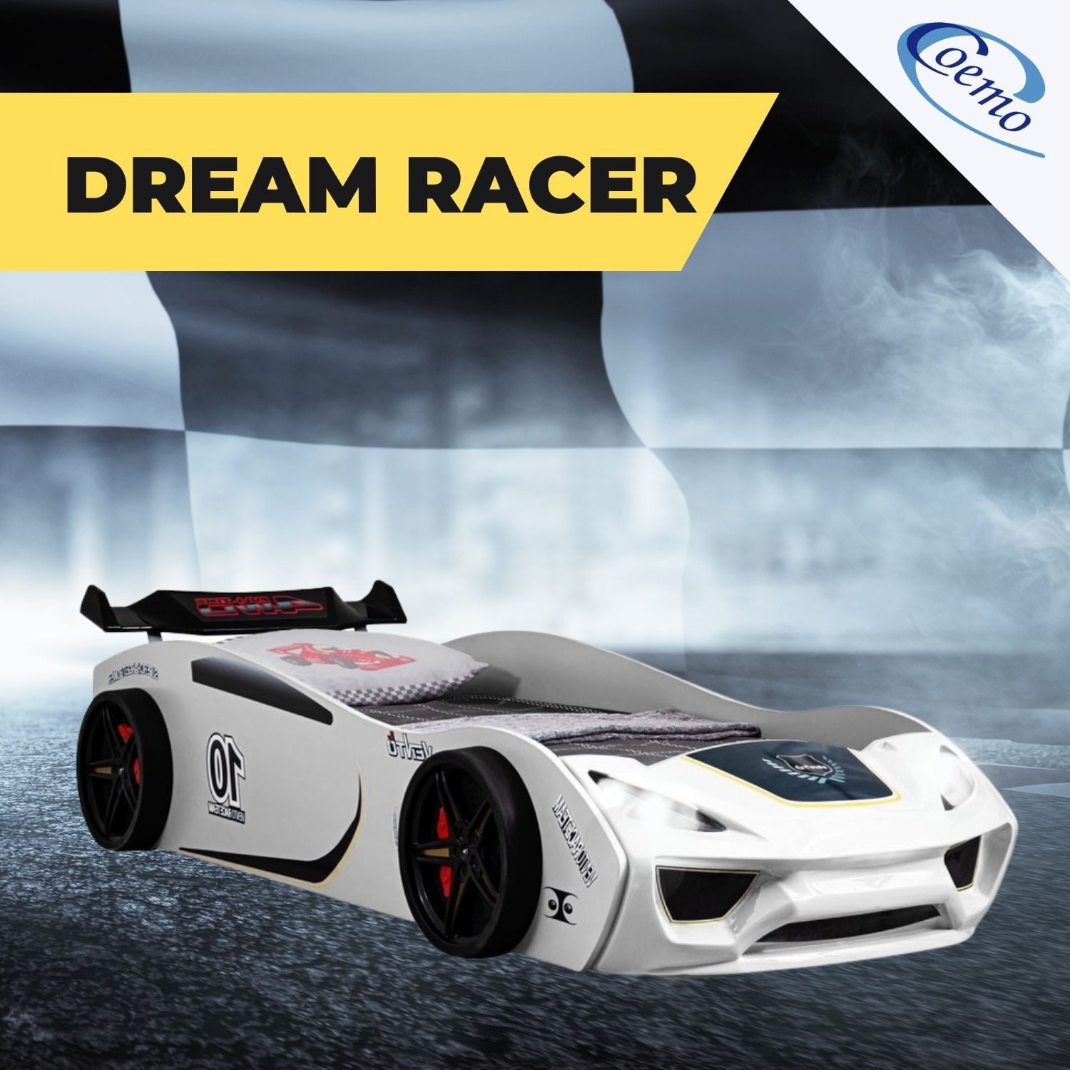Coemo Autobett DREAM RACER (Spielbett mit Spoiler), Weiß Kinderbett 90x200 Rennwagen inkl. Lattenrost LED-Licht Spielbett