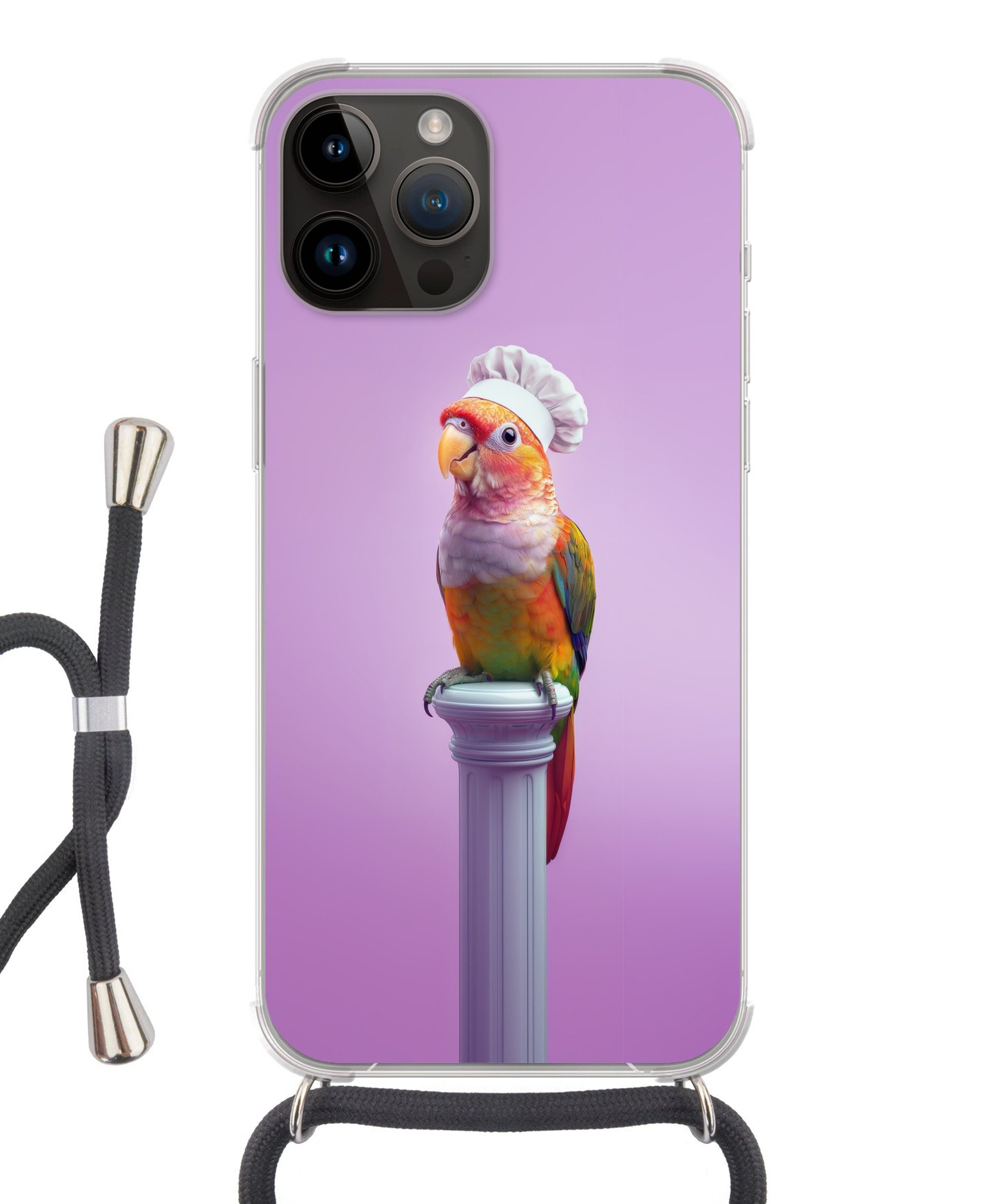 MuchoWow Handyhülle für Apple iPhone 14 Pro Max Papagei - Kochmütze - Säule - Vogel, Tragbare Handyhüllen mit Kette zum umhängen, Handykette Handyband
