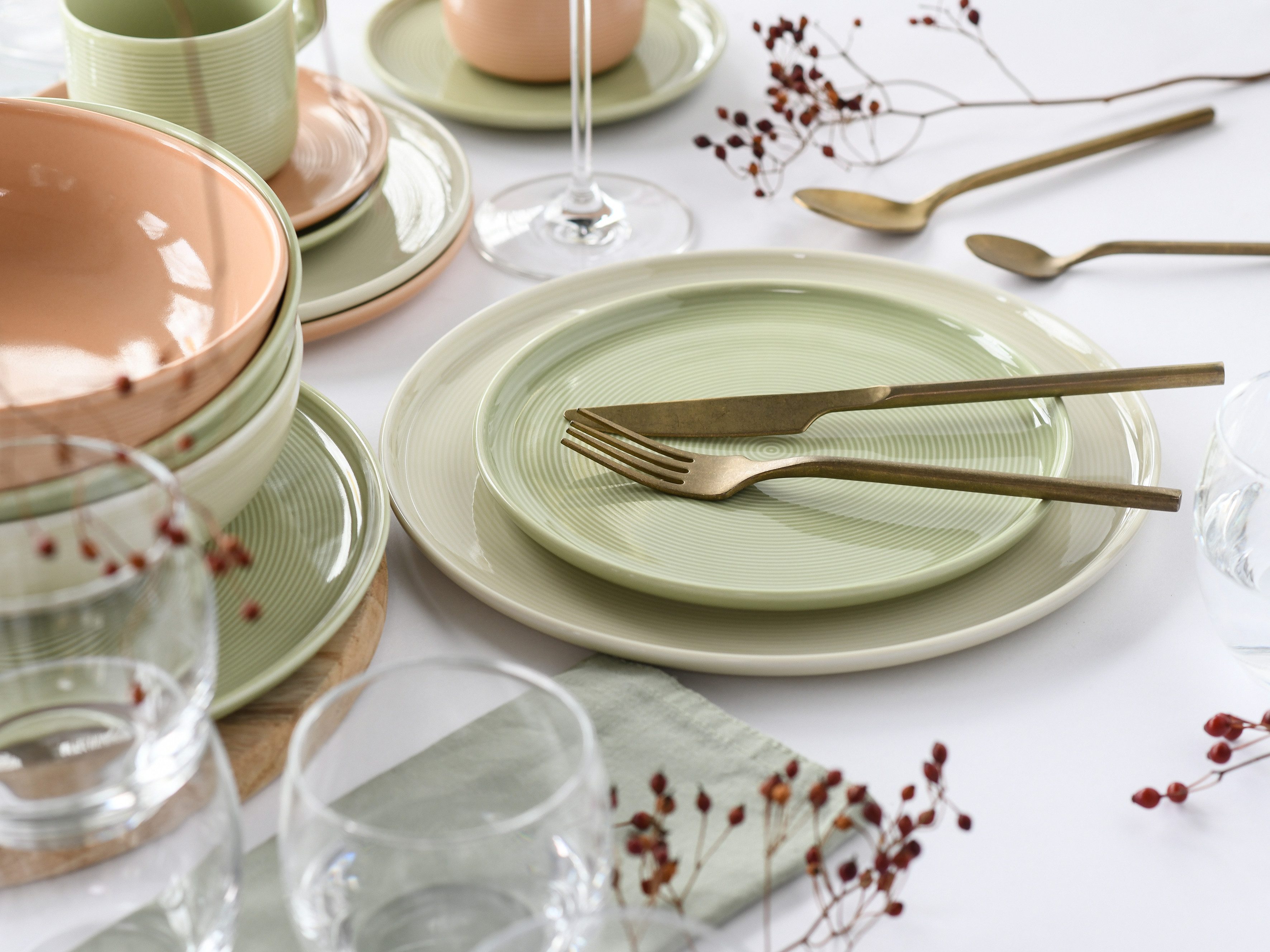 CreaTable Kombiservice Session, Service, 30-tlg. (30-tlg), 6 Personen, Porzellan, Teller ohne Fahne mit großem Spiegel, Elegantes Rillenrelief