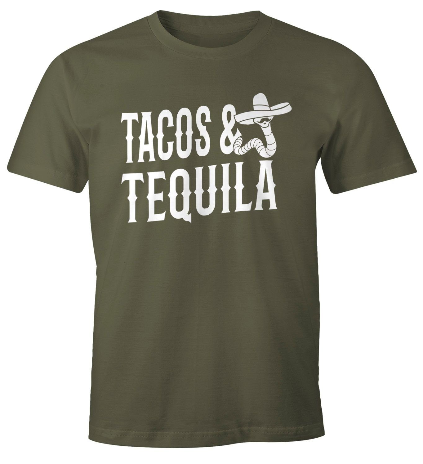 MoonWorks Print-Shirt Herren T-Shirt Tacos & Tequila Wurm Sombrero Tequilla Mexikanisch Moonworks® mit Print grün