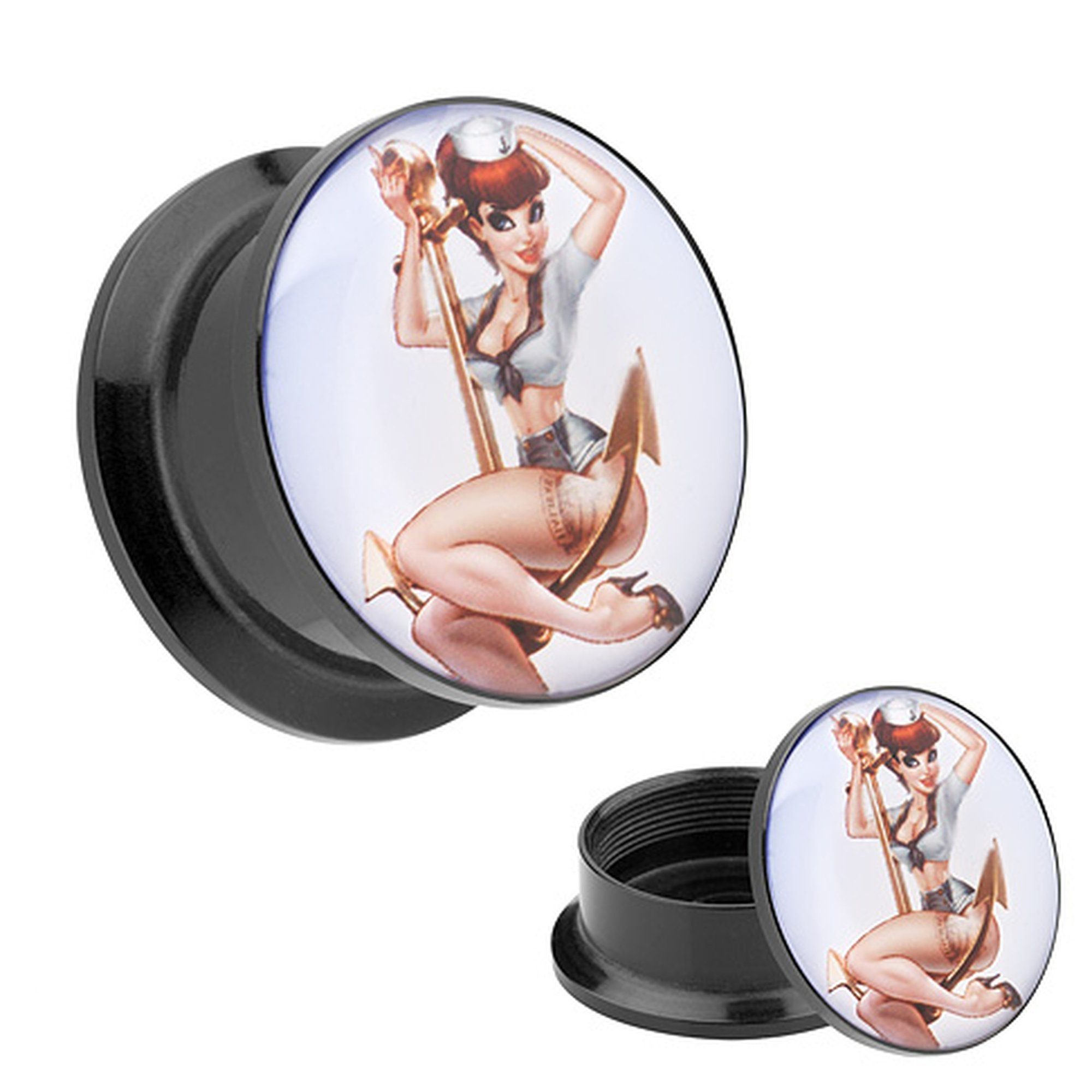 Taffstyle Plug Piercing Schraub Matrosen Mädchen Anker Motiv, Ohr Plug Flesh Tunnel Ohrpiercing Kunststoff Schraubverschluß Picture
