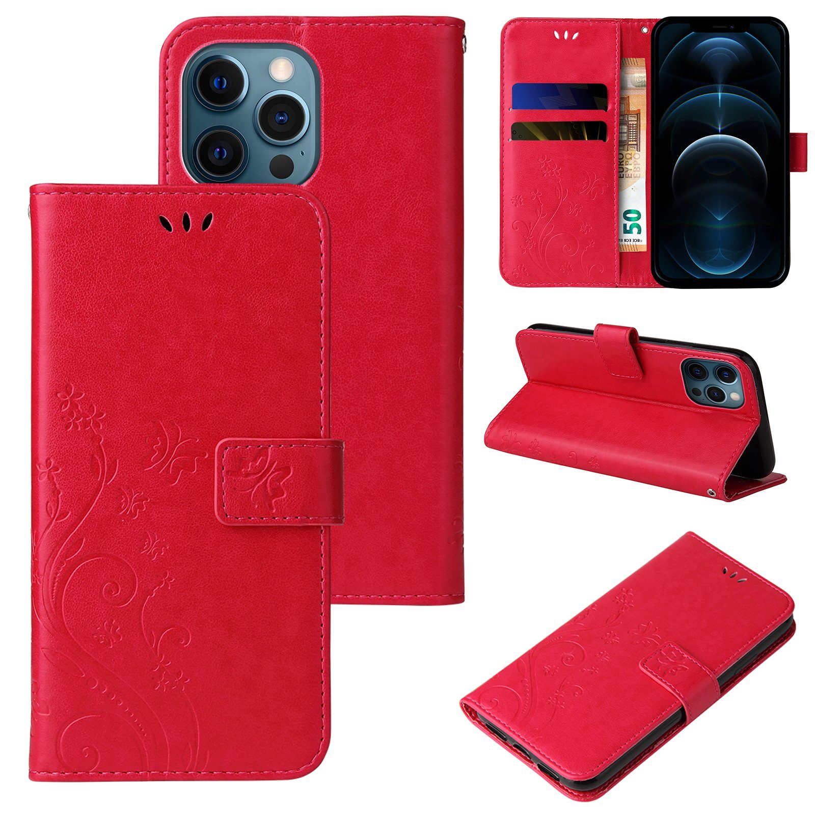 Tec-Expert Handyhülle Cover Tasche Hülle für Apple iPhone 12 6,1 Zoll, Klapphülle Case mit Kartenfach Fliphülle aufstellbar, Motiv Blumen