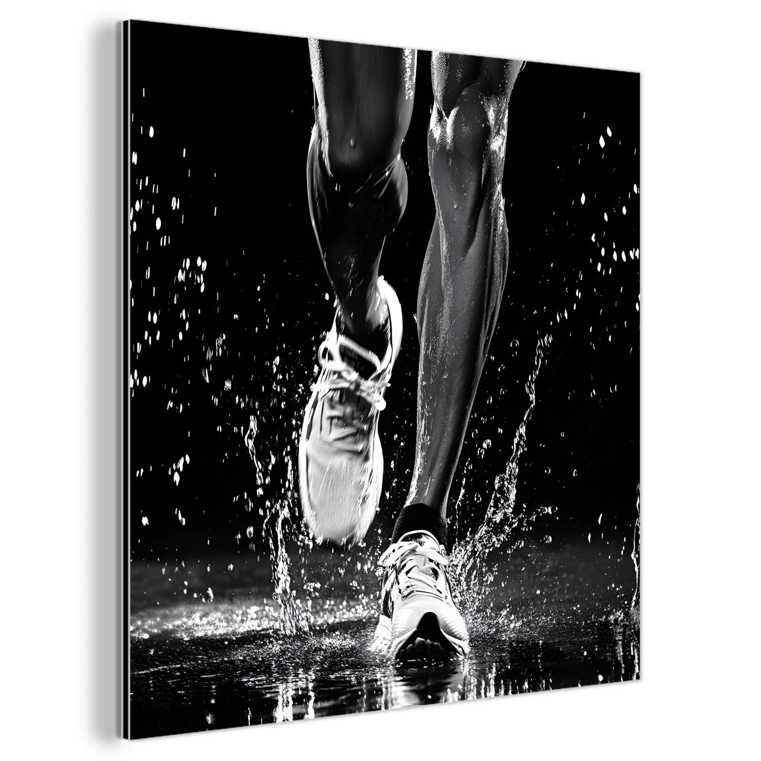 MuchoWow Metallbild Laufschuhe - Laufen - Drops - Schwarz, Inkl. Aufhängung, Wohnzimmer Dekoration aus Alu, Industrial, Metallbilder, 90x90 cm