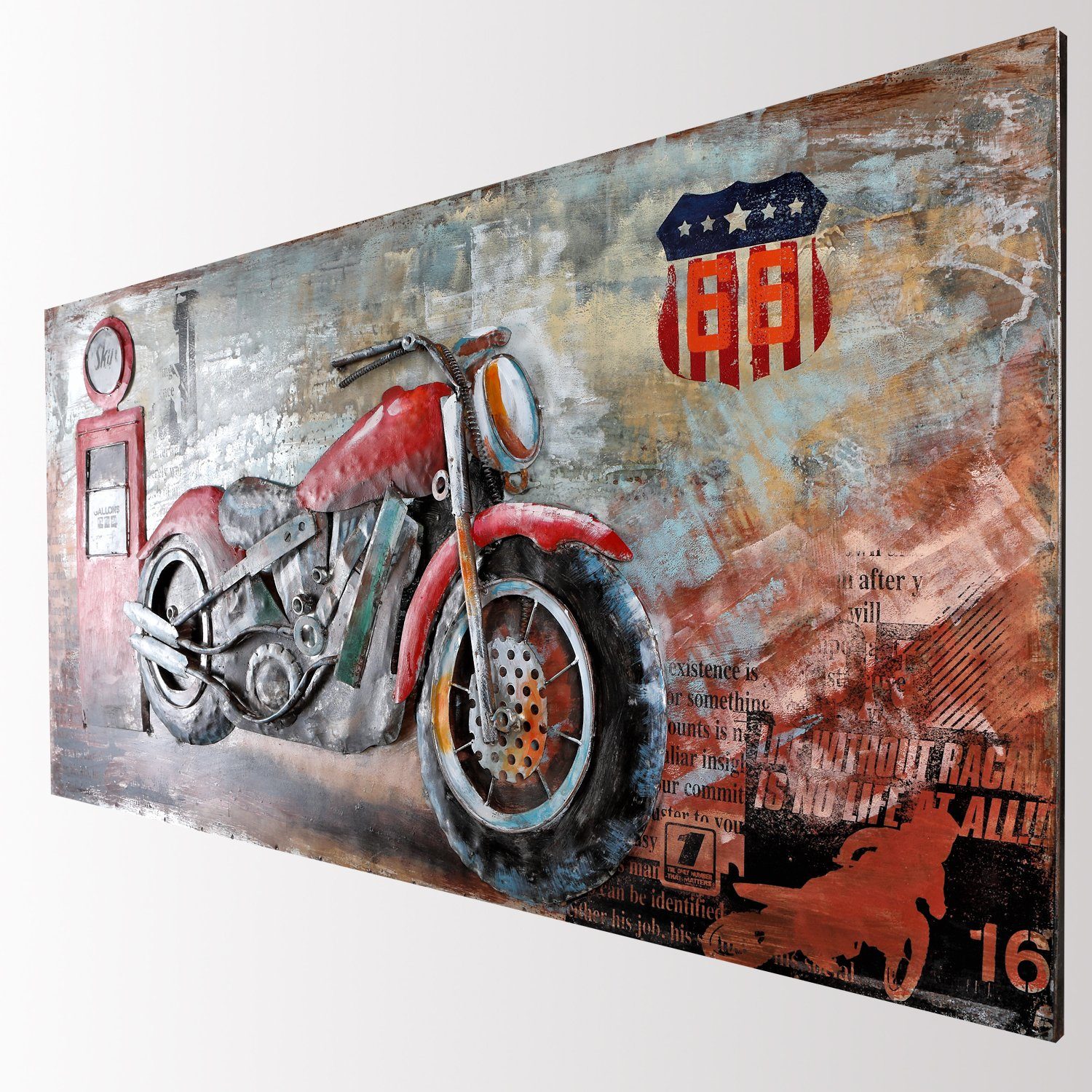 Home4Living Metallbild Wandbild 3D Relief Retro Bild Handarbeit Unikat, Motorcycle Gas Station, Handarbeit