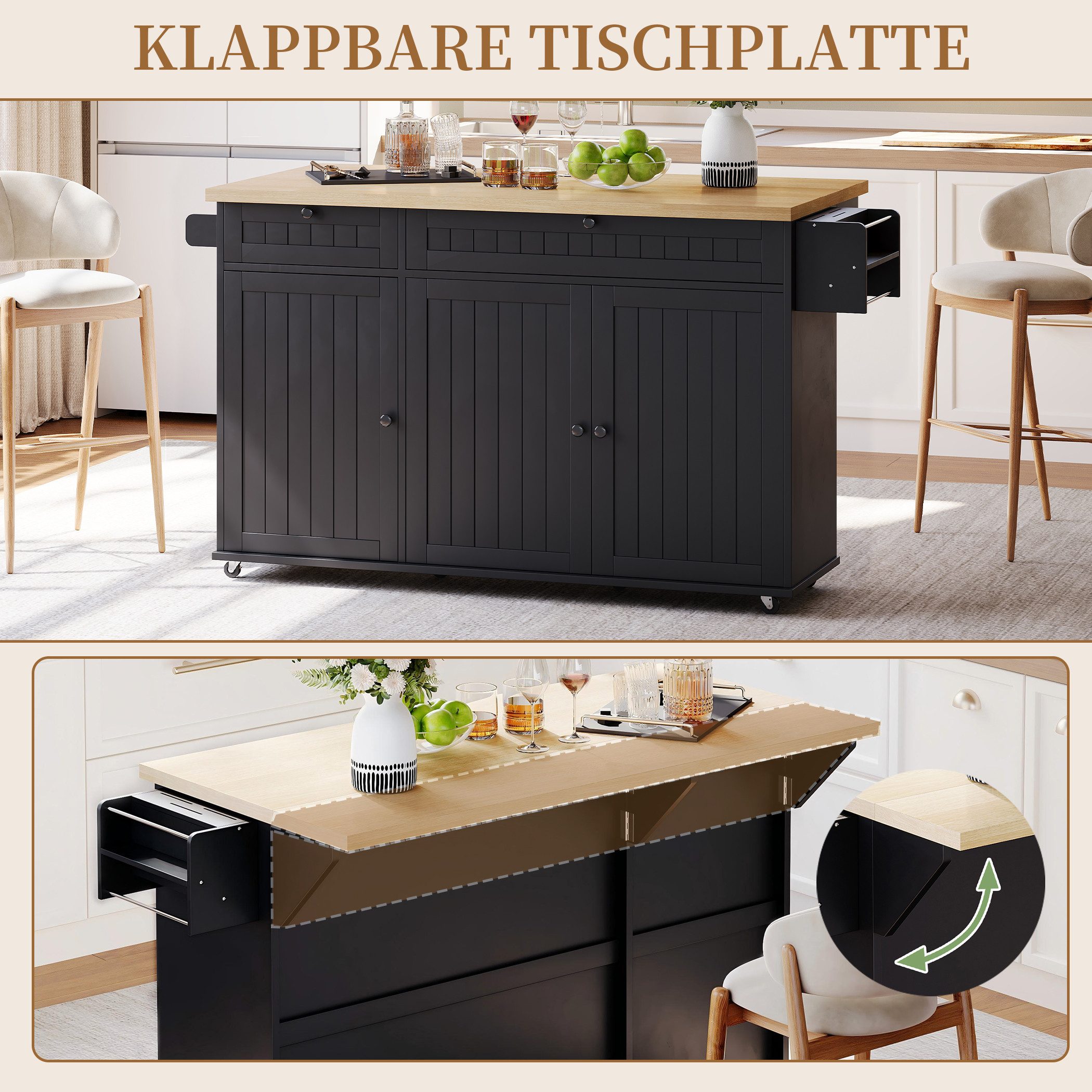 SeedWave Kücheninsel Rollwagen mit Klappbarer Tischplatte, 2 Schubladen, 6 Staufächern, Gewürzboard & Handtuchhalter, 2 höhenverstellbare Einlegeböden