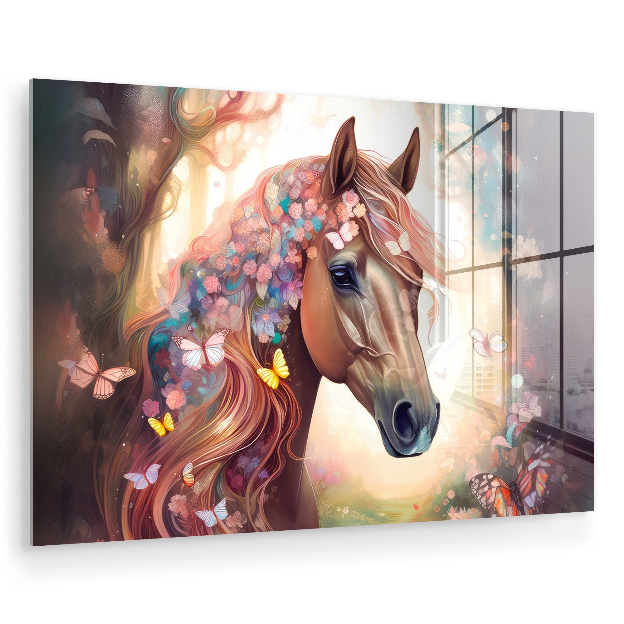 MuchoWow Acrylglasbild Pferd - Natur - Blumen - Schmetterlinge - Wald, Inkl. Aufhängung, Glasbilder Wohnzimmer, Schlafzimmer, Flur & Esszimmer, 30x20 cm