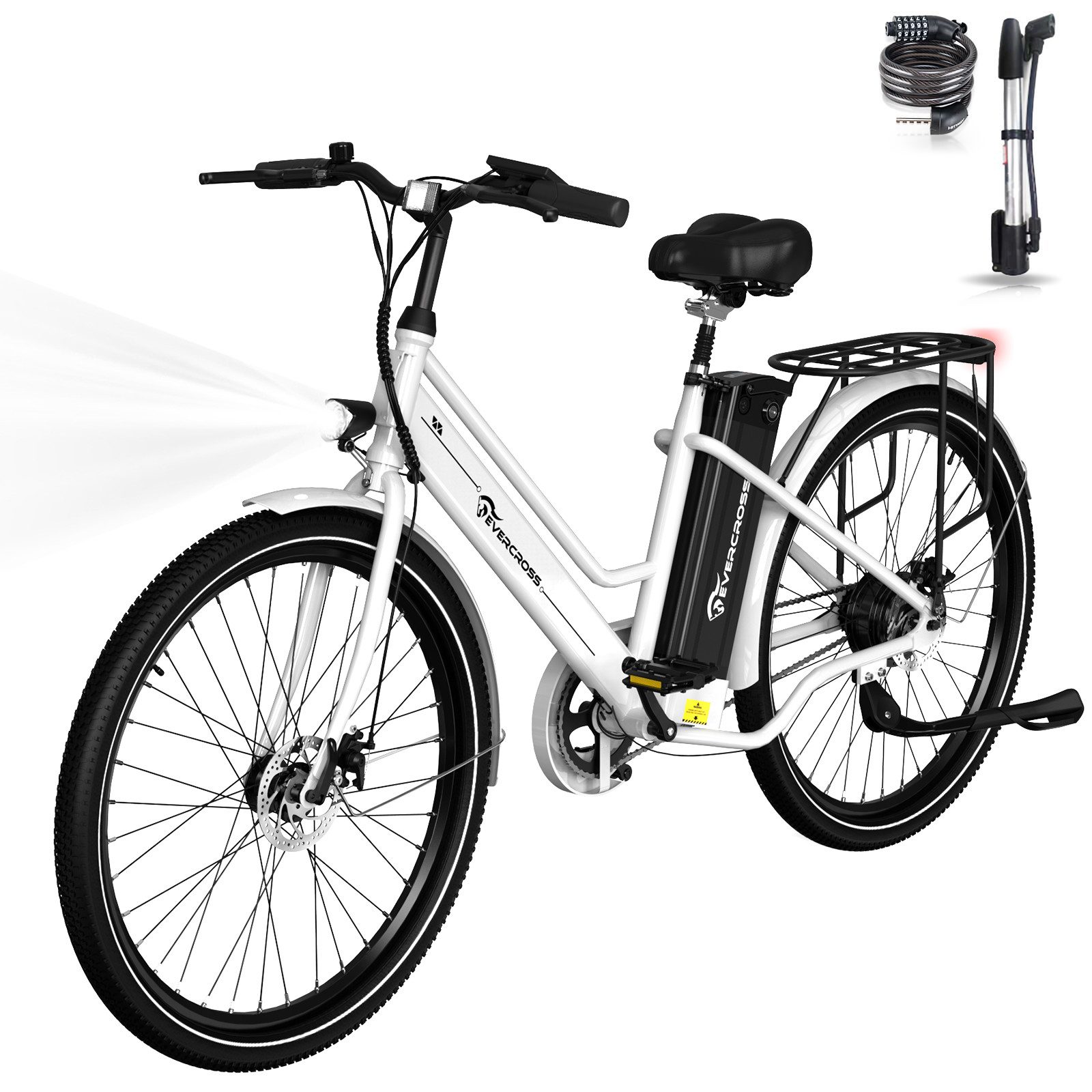 EVERCROSS TECH E-Bike Cityrad für Pendler,26-Zoll-Elektrofahrrad,36V 15,6AH Lithiumbatterie, Heckmotor, 561,6 Wh, 90Km, 1 Gang,E-Citybike mit Schloss, Pumpe