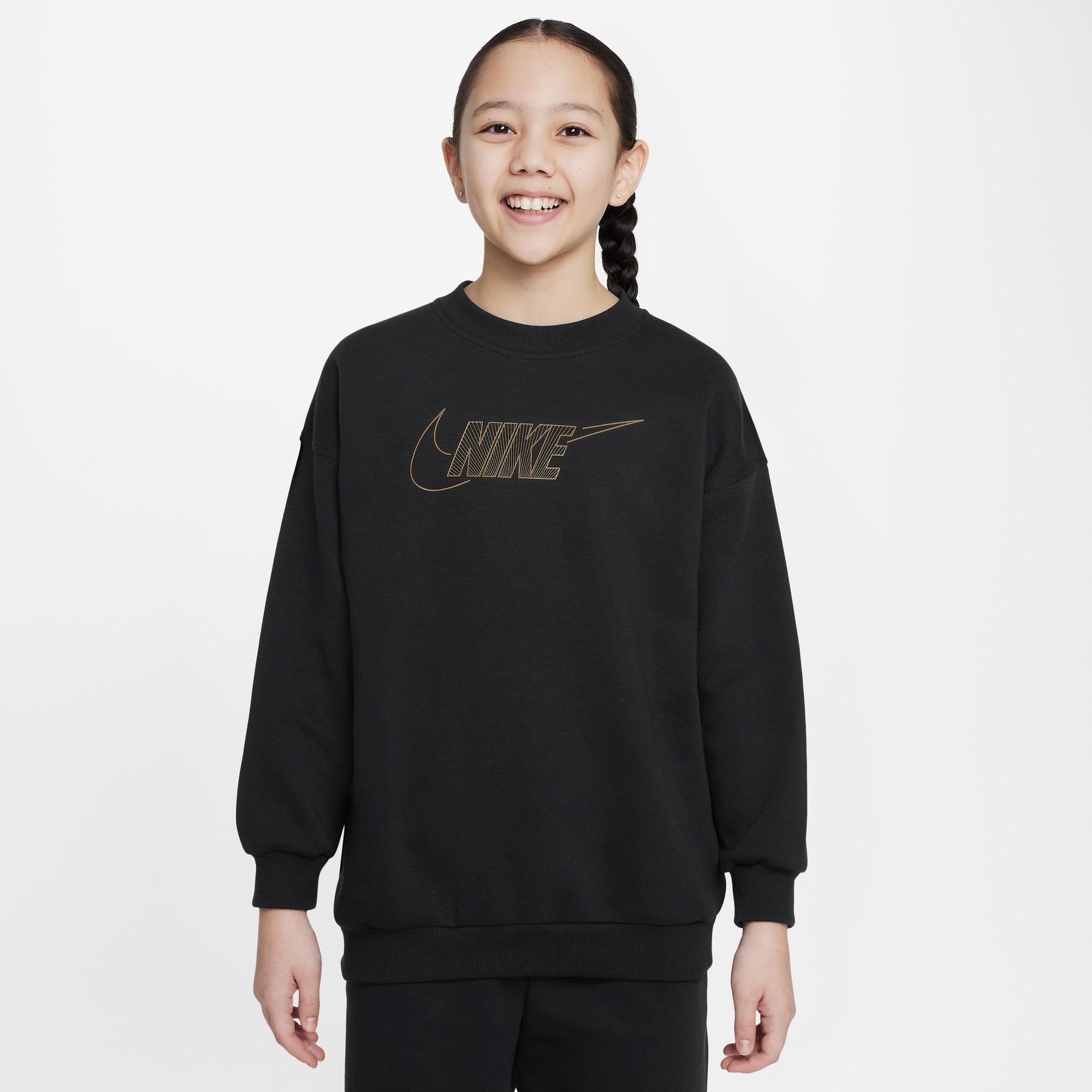 CLUB TOP BIG CREWNECK (GIRLS) KIDS' BLACK/METALLIC Sweatshirt Sportswear GOLD Nike FLEECE