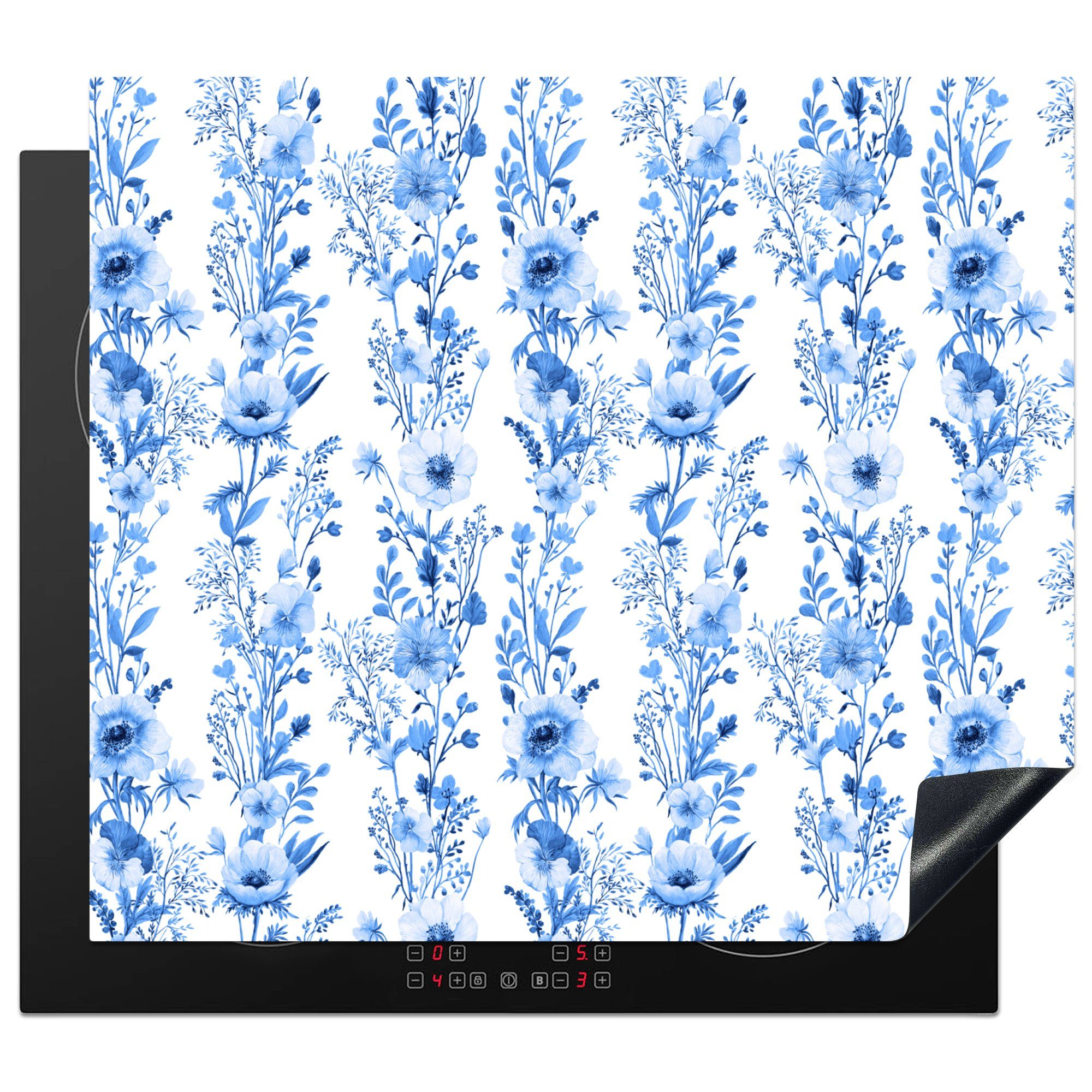 MuchoWow Herdblende-/Abdeckplatte Blumen - Induktionsmatte Ceranfeldabdeckung Muster, Vinyl, - die cm, (1 59x52 für tlg), Blau Anemone - küche