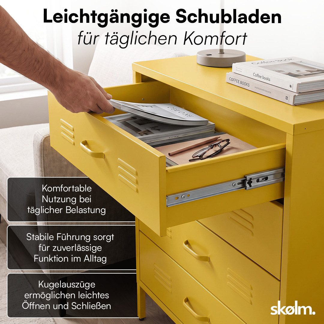 skølm Kommode Atria aus Metall (Senfgelb), Sideboard mit 4 Schubladen, Metallschrank mit höhenverstellbaren Füßen – Bild 4 von 5