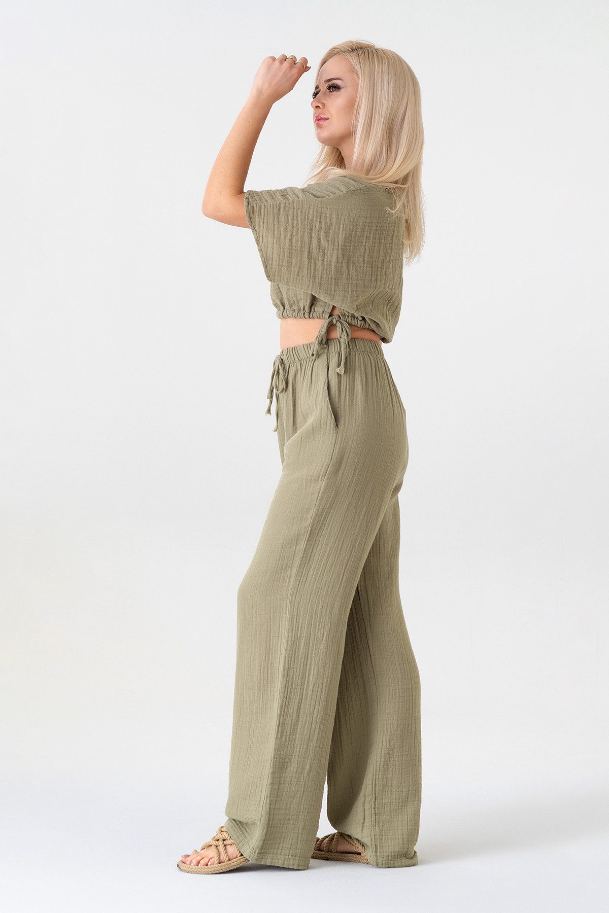 WENOR Palazzohose Damen Musselin-Hose - Sommerhose 100 % Baumwolle, elastischer Bund Weiter Beinverlauf, Musselinstruktur, luftiger Schnitt