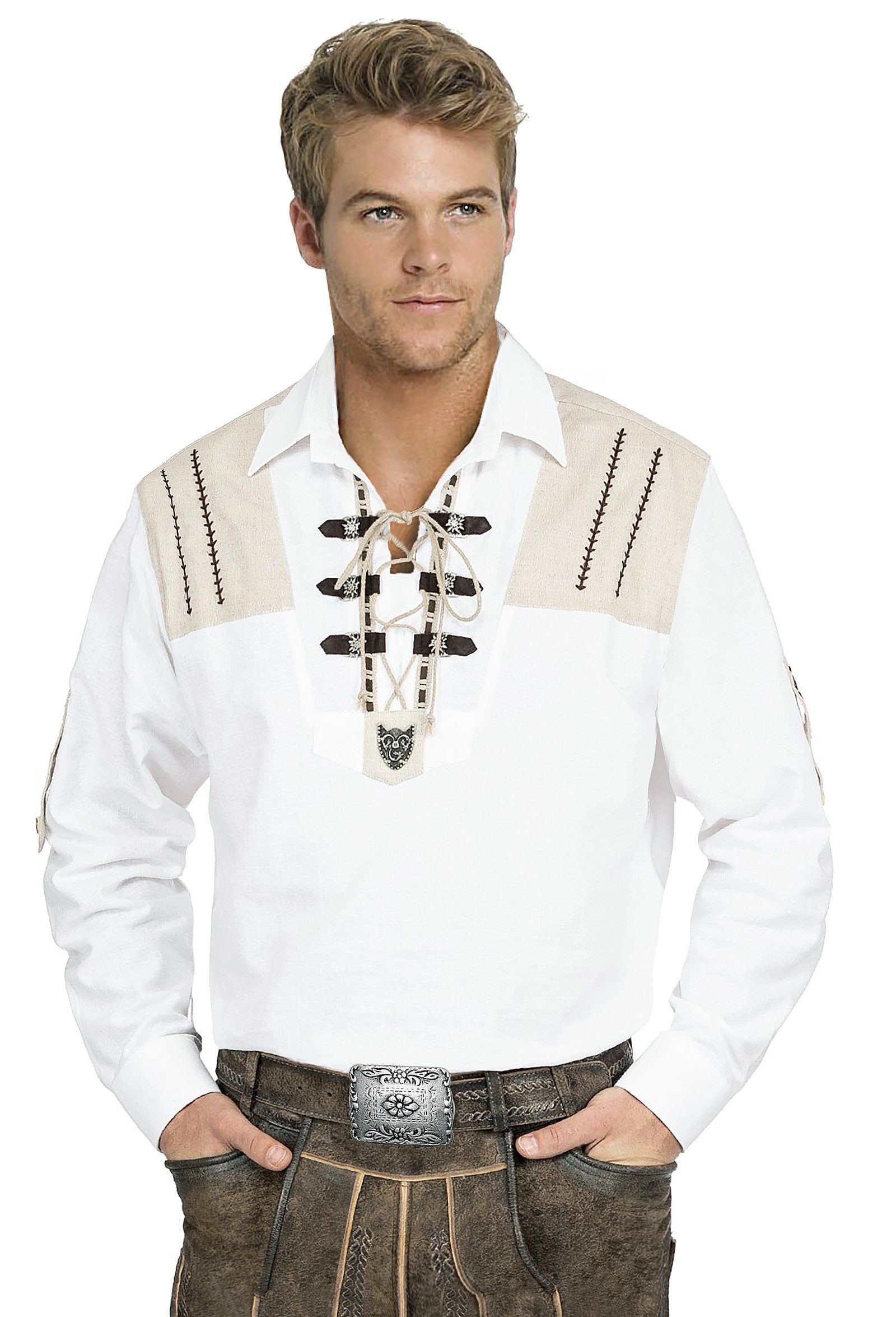 Moschen-Bayern Trachtenhemd Trachtenhemd Herren Wiesn-Hemd zur Lederhose mit Edelweiß - Herrenhemd Langarm + Kurzarm Krempelarm Weiß-Beige | Trachtenhemden