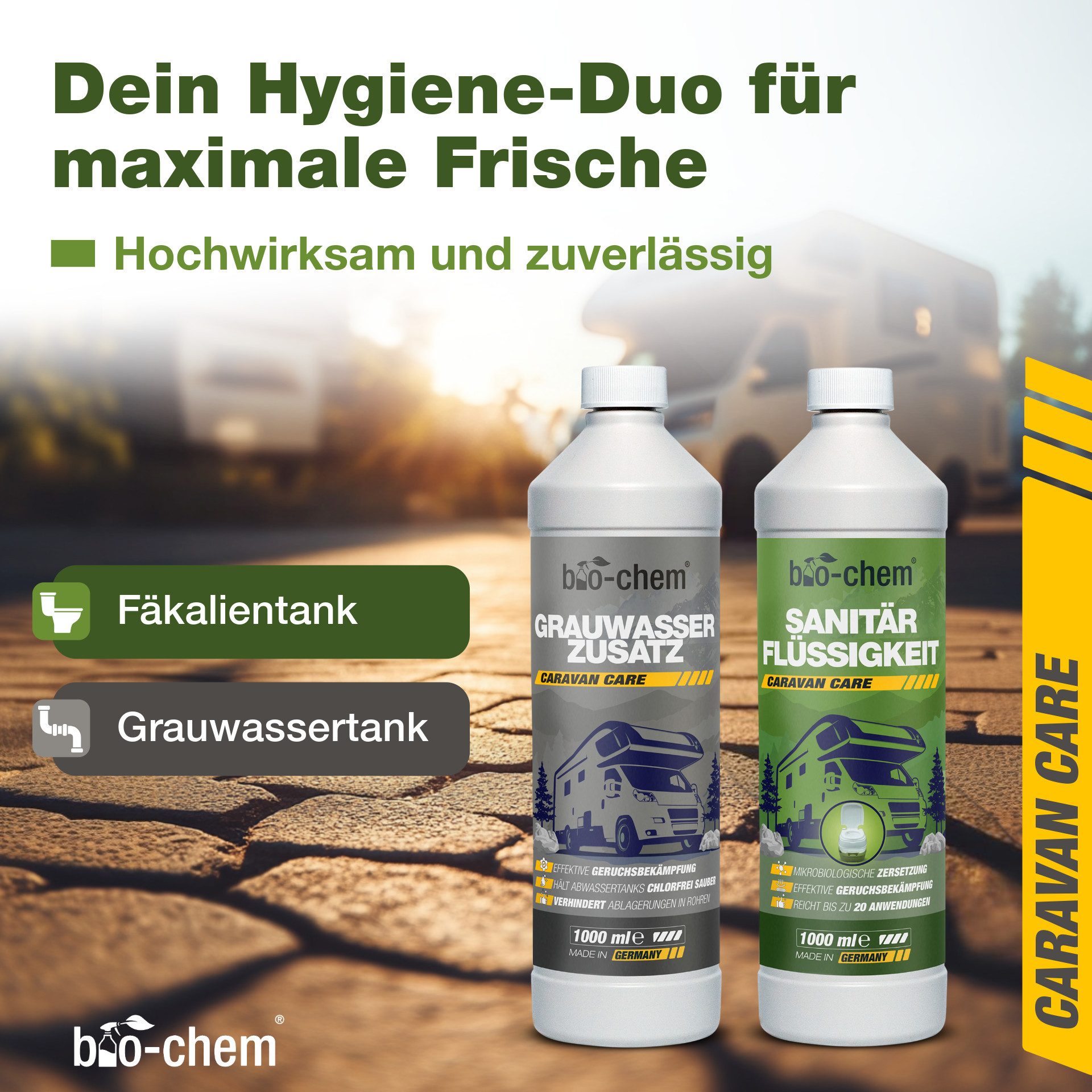 bio-chem bio-chem 2-teiliges Camping-Set: Sanitär- & Grauwasserzusatz Campingtoilettenreiniger (2-St. 1x Grauwasser-Zusatz 1 L, 1x Sanitärflüssigkeit 1 L, 1x Dosierbecher)