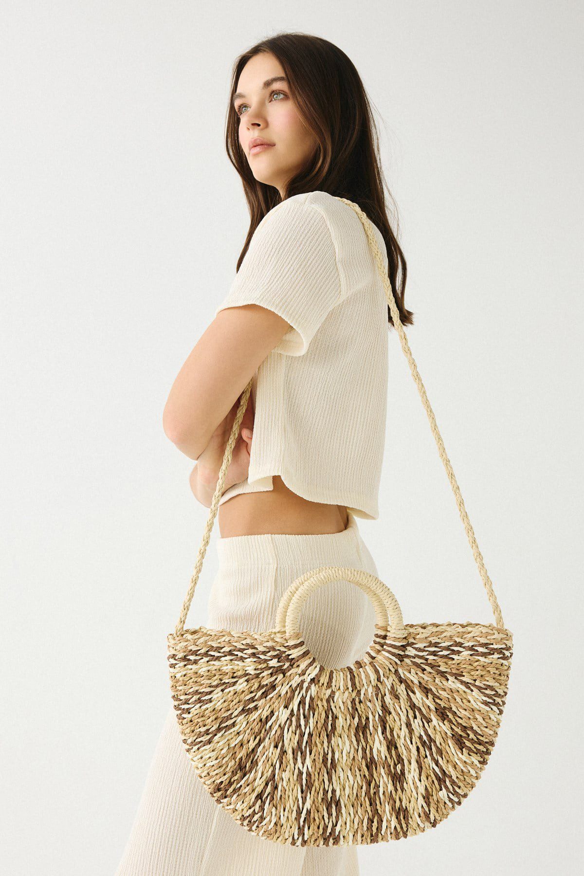 C&CITY Strandtasche Beige Rundgriff Schultertasche Y9226
