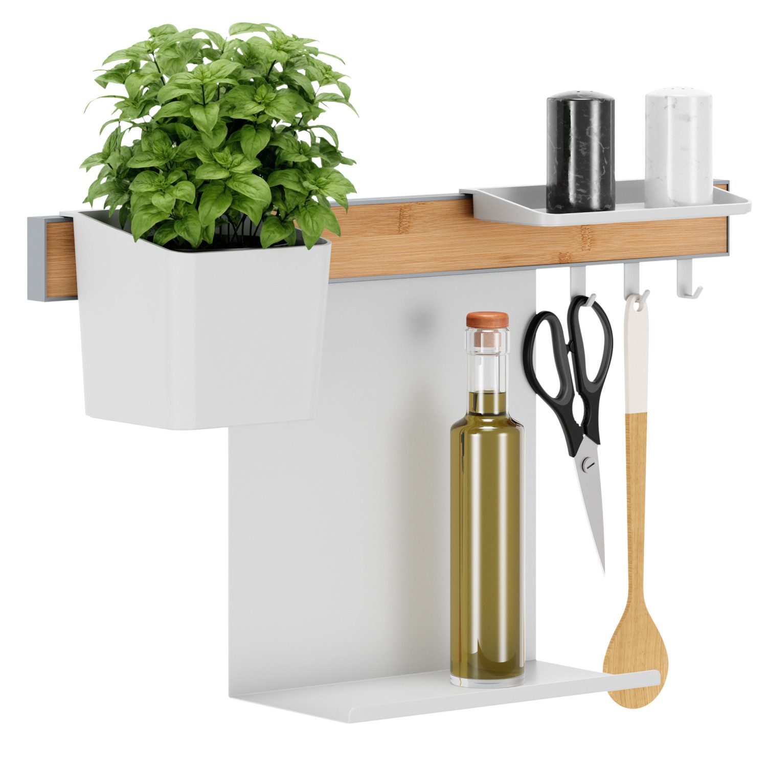 tesa Hakenleiste tesa Küchen-Organizer Kombi-Set S - selbstklebende Küchenleiste, (Komplett-Set, 5 St., inkl. Kräutertopf, 2 Ablagen, Hakenleiste (3 Haken), Flexible Organisationsleiste für die Küche, Montage ohne Bohren